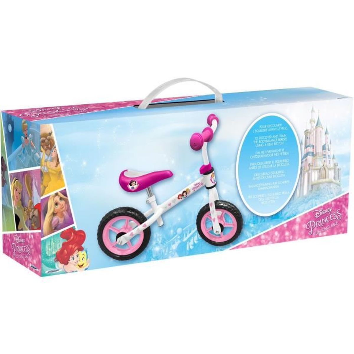 Ein weißes Kinderfahrrad mit pinken Akzenten und Disney-Prinzessinnen-Motiven auf der Verpackung.