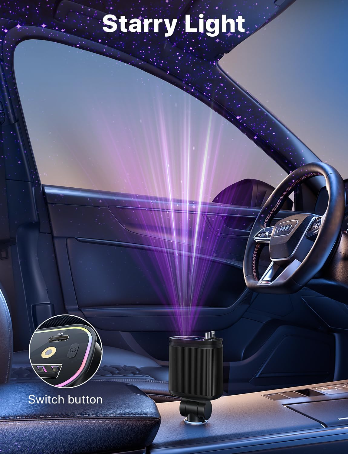 Ein Auto-Lufterfrischer mit Sternenlicht-Effekt und Schalter.