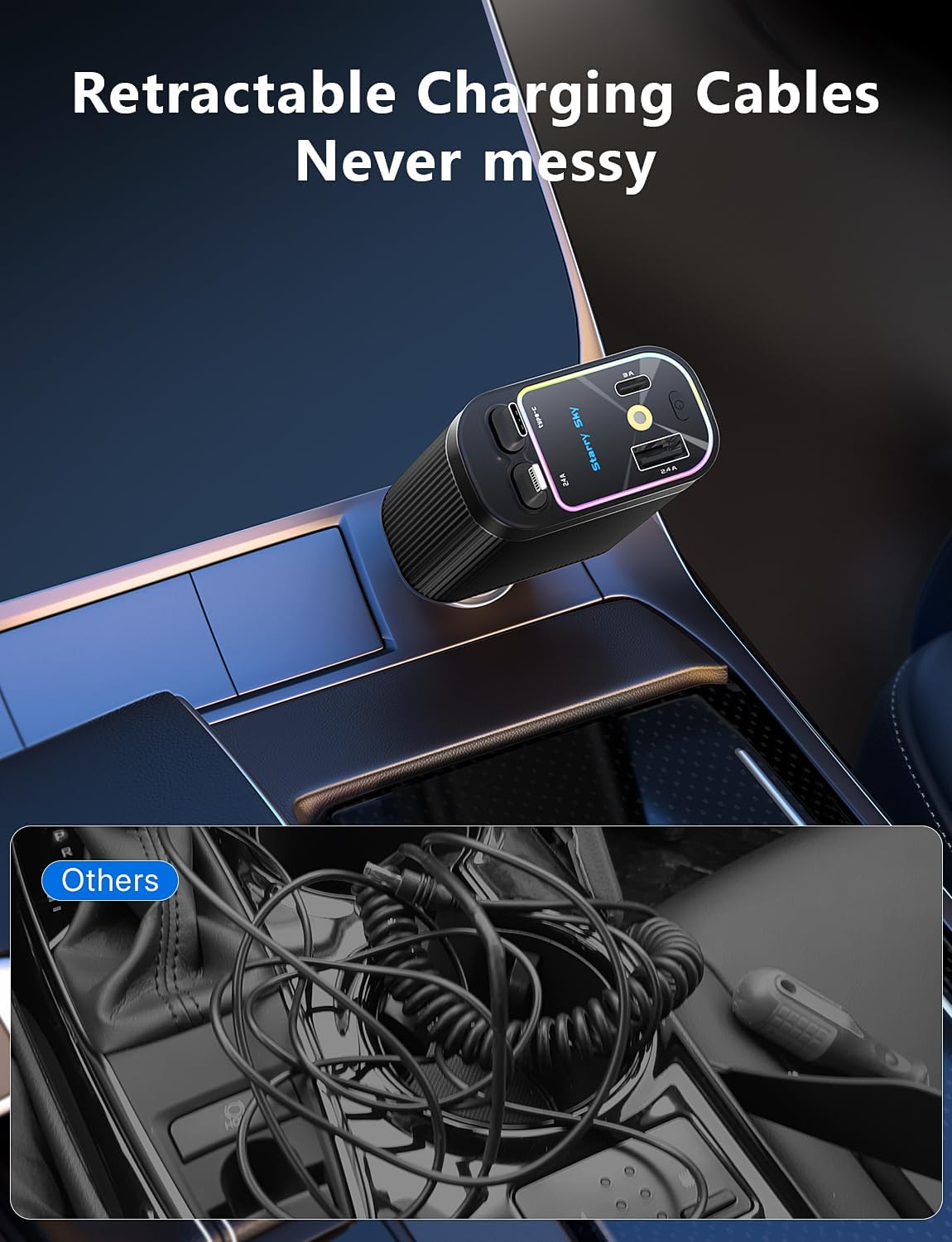 Schwarzes Ladegerät im Auto mit zwei USB-Ports und Kabelgewirr daneben.
