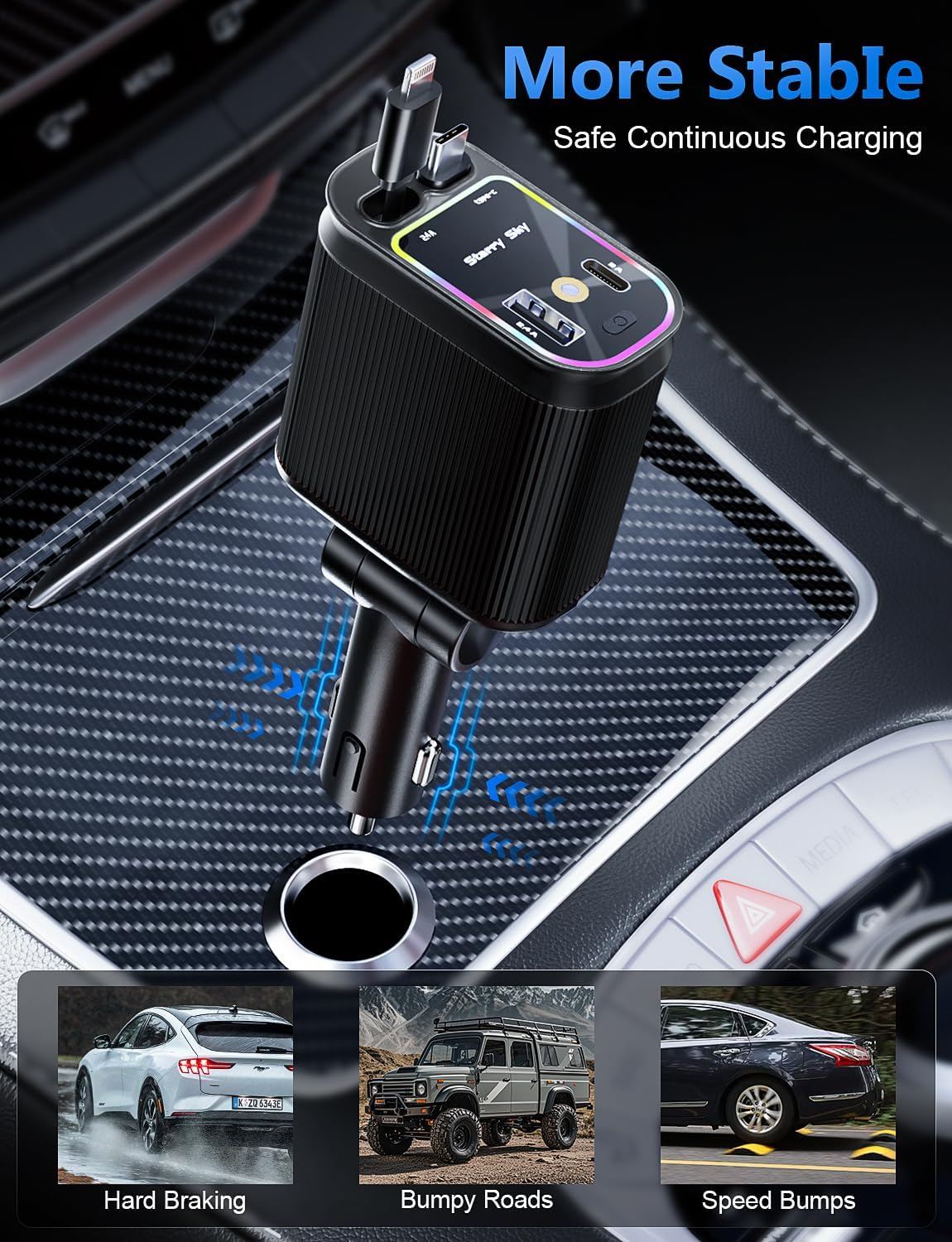 Kfz-Ladegerät mit USB- und USB-C-Anschlüssen, drei Beispielbilder unten.