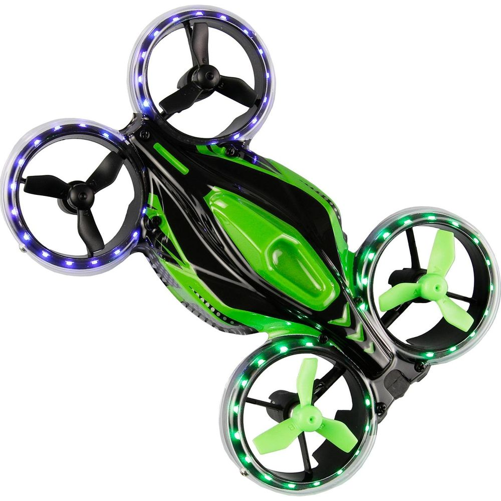 Grüner und schwarzer ferngesteuerter Quadcopter mit leuchtenden Propellern und Lichtern.