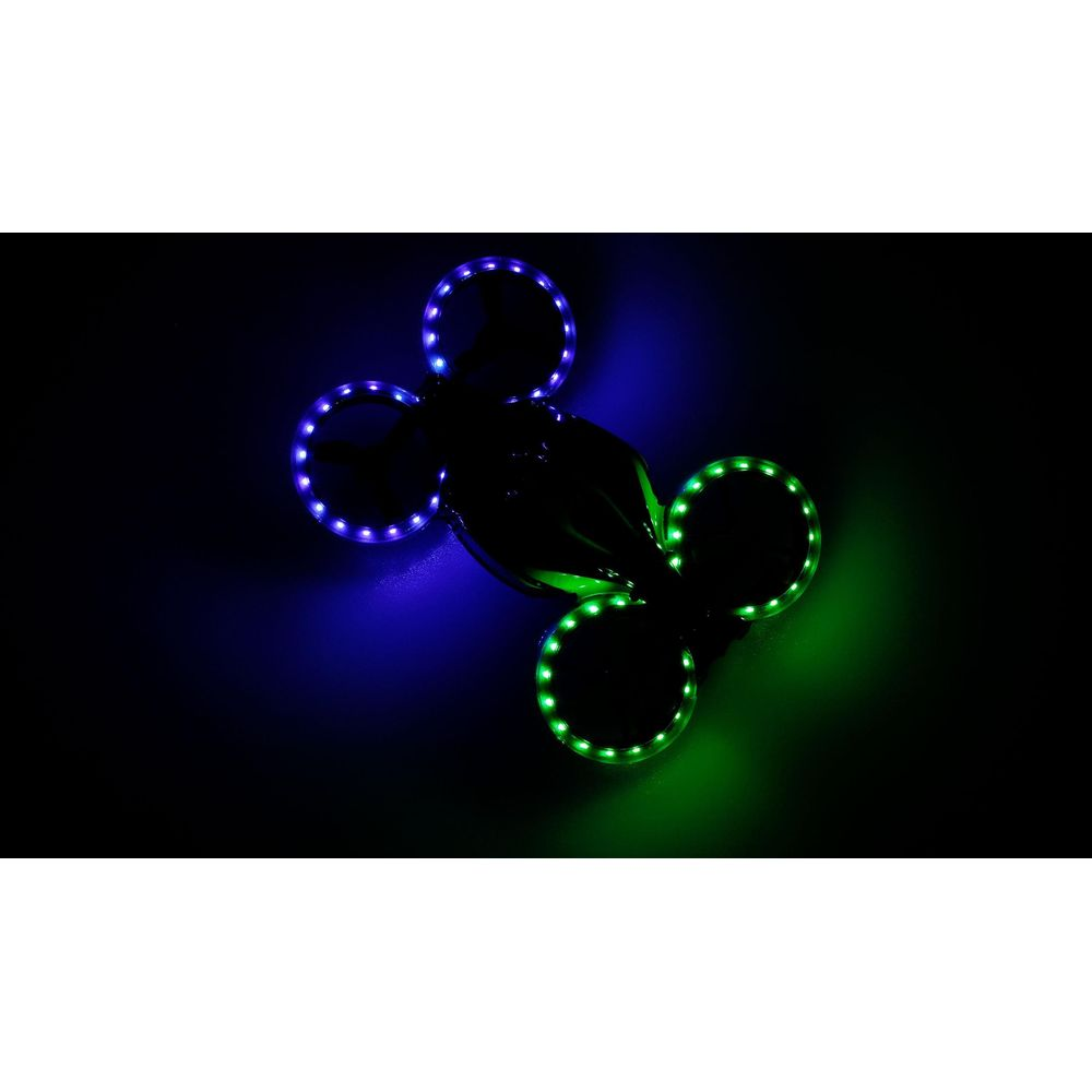 Ein schwarzer dreibeiniger Spinner mit blauen und grünen Lichtern auf schwarzem Hintergrund.