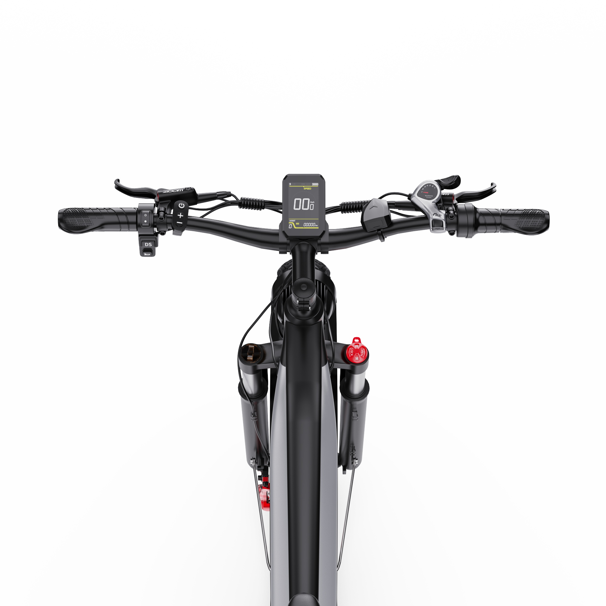 Nahaufnahme des Lenkers eines E-Bikes mit Display, Griffen und Bremsen.
