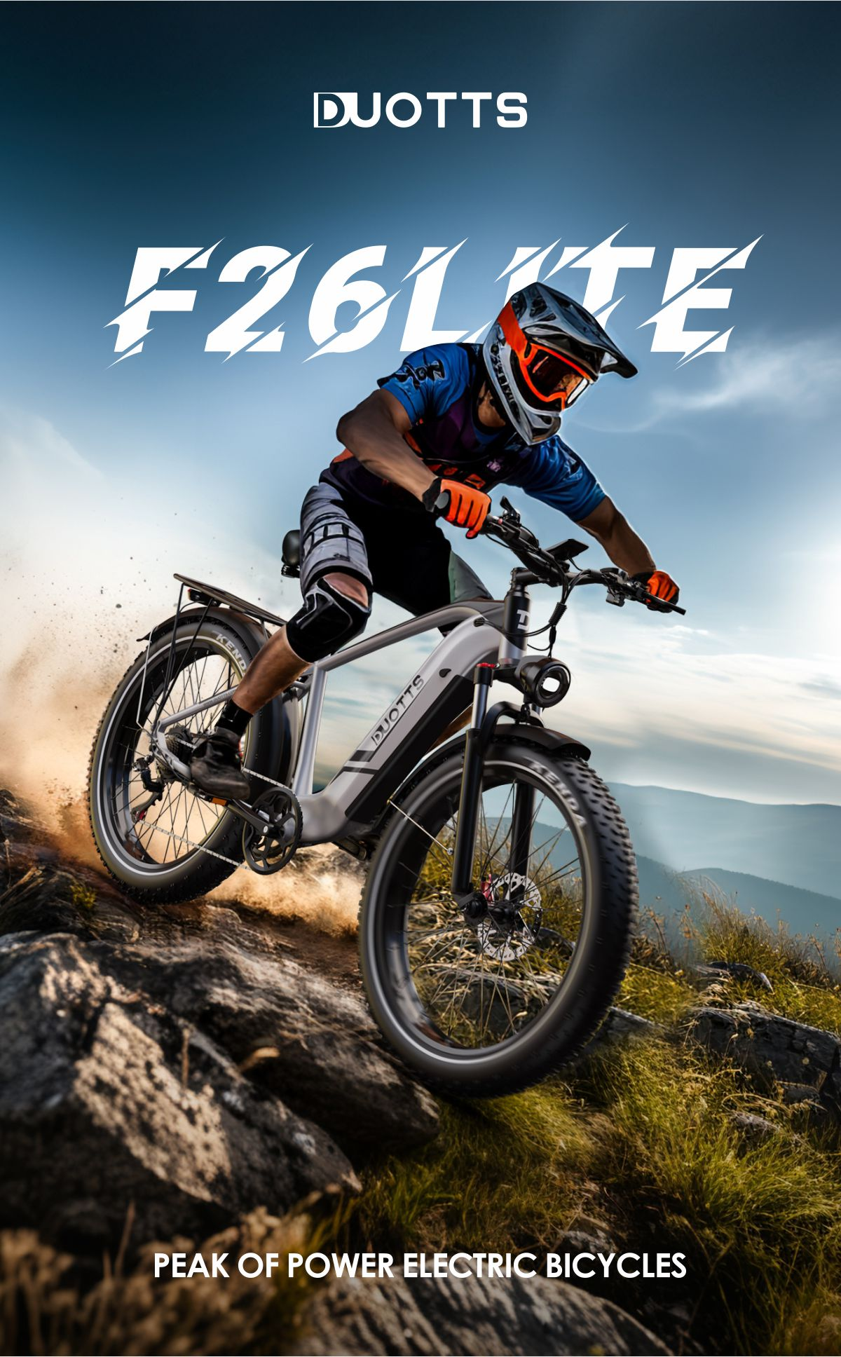 Eine Person fährt mit einem Duotts F26LITE E-Bike bergab auf felsigem, grasbewachsenem Gelände.