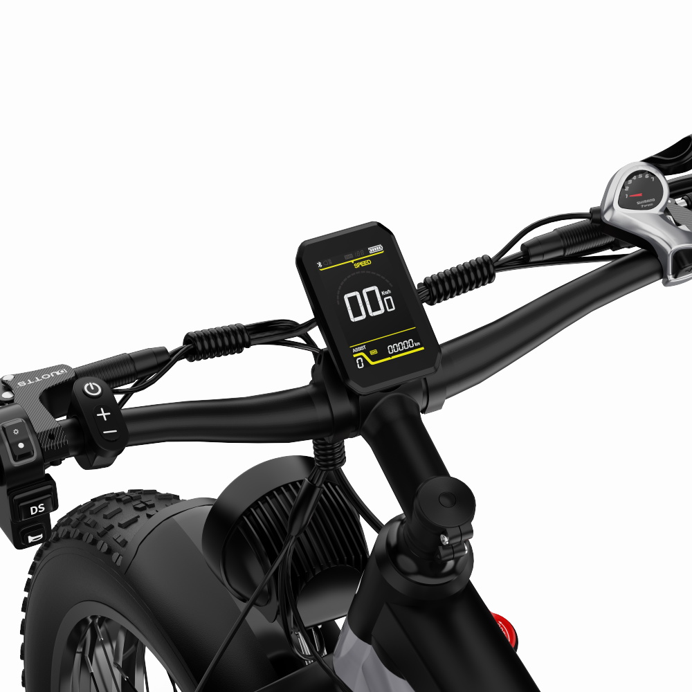 Lenker eines E-Bikes mit Display, Griffen und Schaltung. Vorderrad sichtbar.