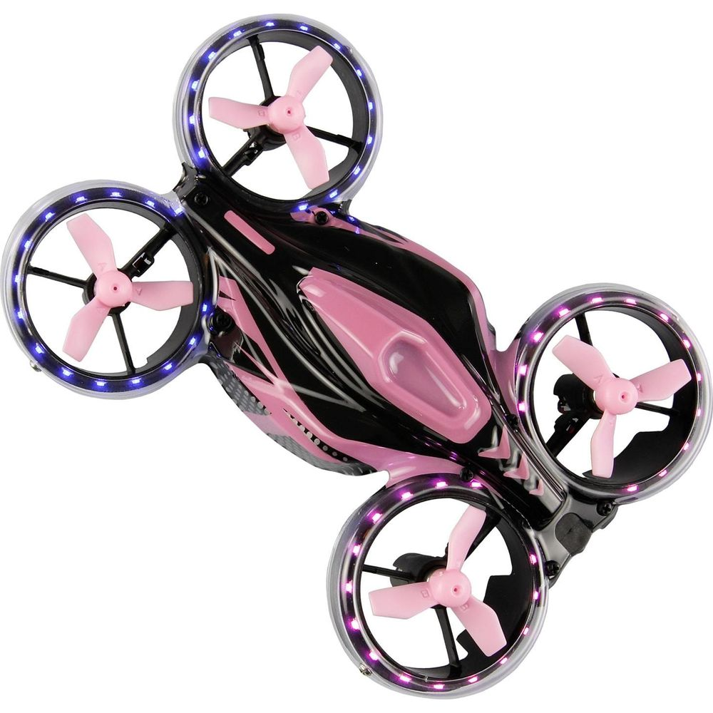 Ein pinker und schwarzer Quadcopter mit blauen Lichtern und rosa Propellern.