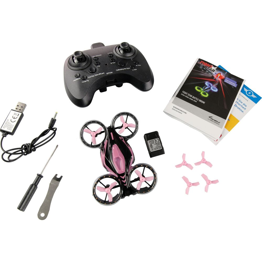 Ein schwarzer Controller, eine pinke Drohne, Ersatzpropeller, ein USB-Ladekabel, ein Werkzeug und eine Anleitung.