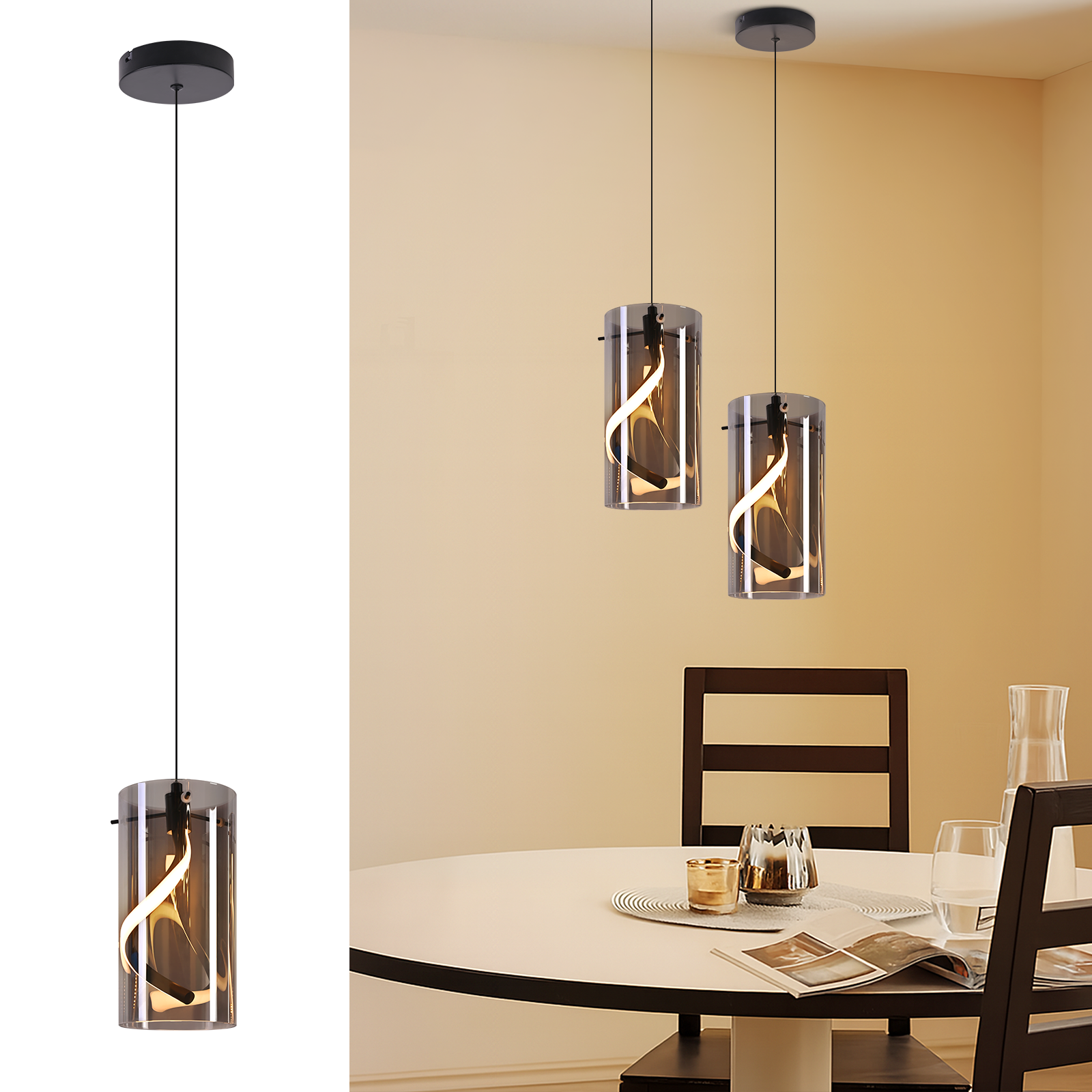 Dos lámparas colgantes cilíndricas con cristal ahumado y decoración interior en espiral.