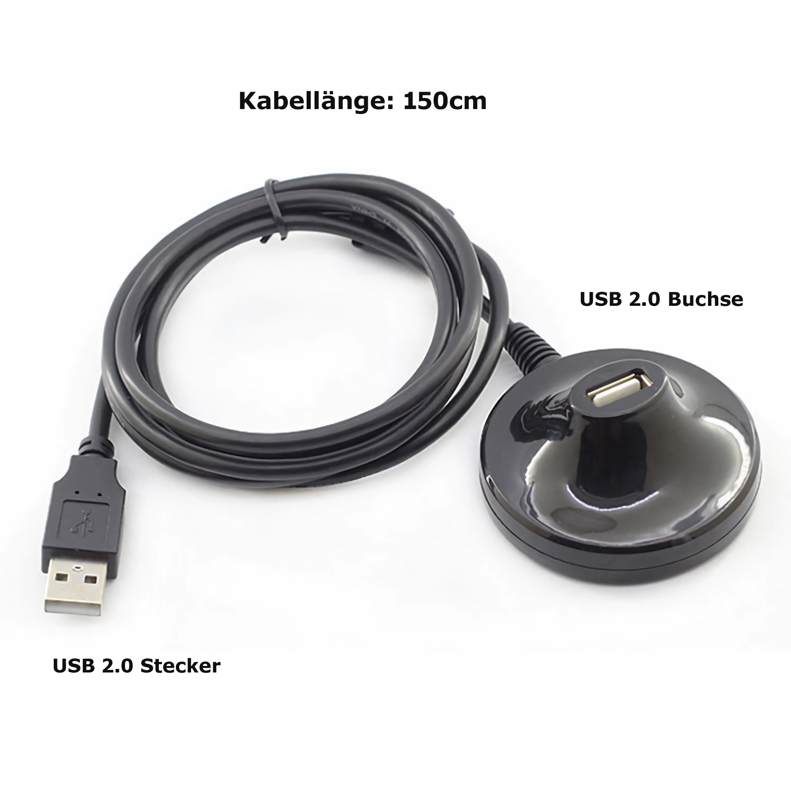 Schwarzer USB 2.0 Hub mit 150cm Kabel und einem Stecker.