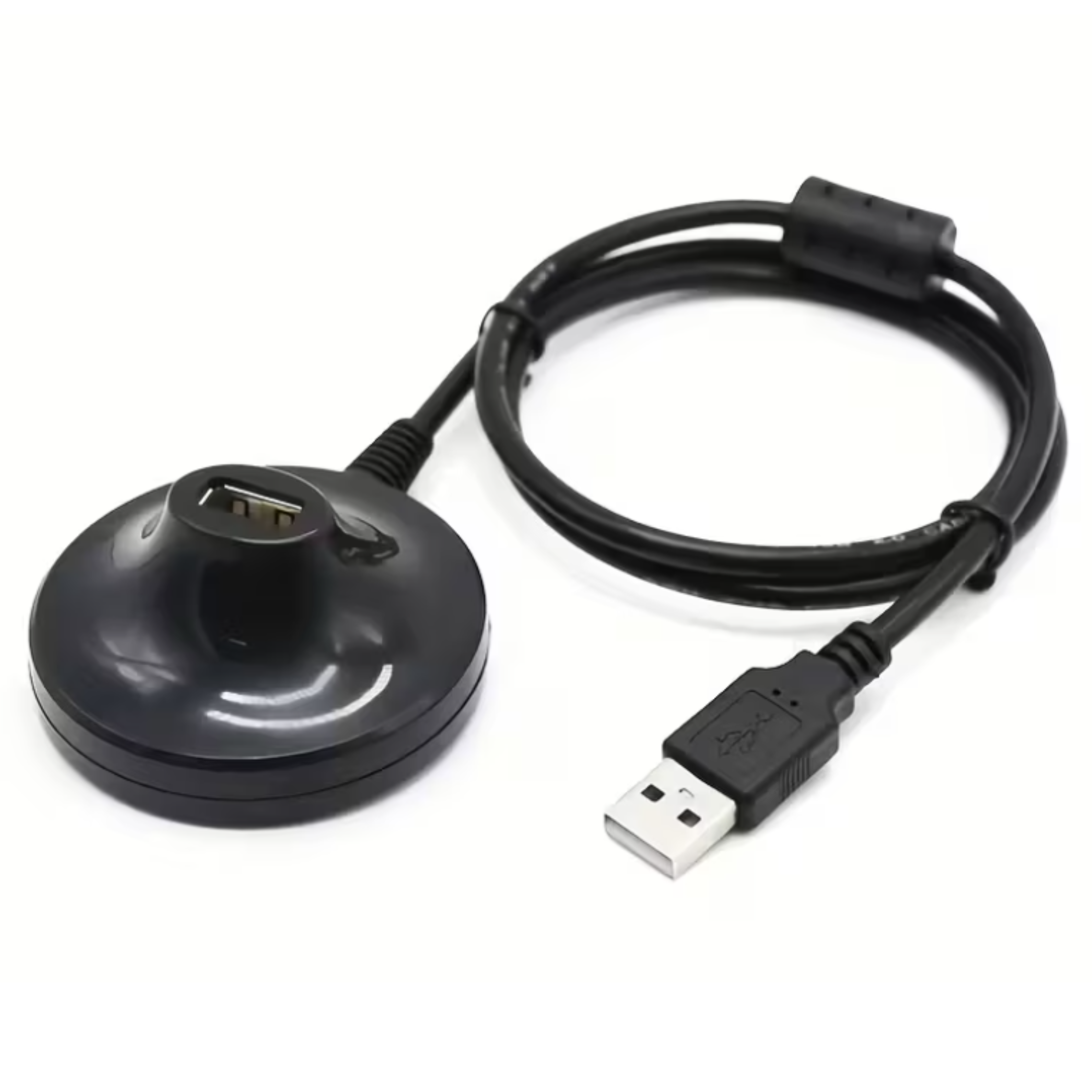 Ein schwarzer USB-Hub mit einem Kabel und einem USB-Stecker auf weißem Hintergrund.