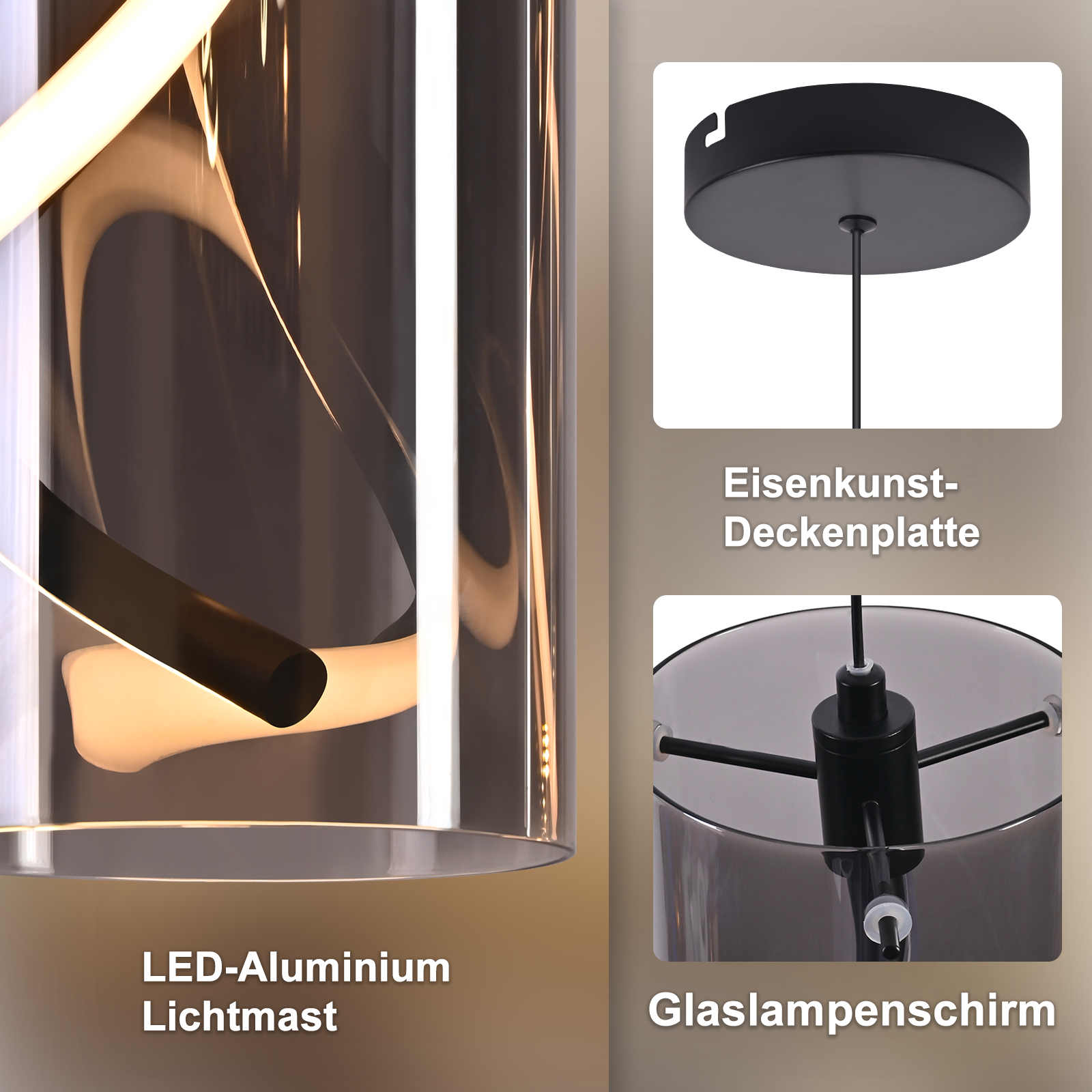 Una lámpara colgante moderna con pantalla de cristal cilíndrica y mástil de luz de aluminio LED.