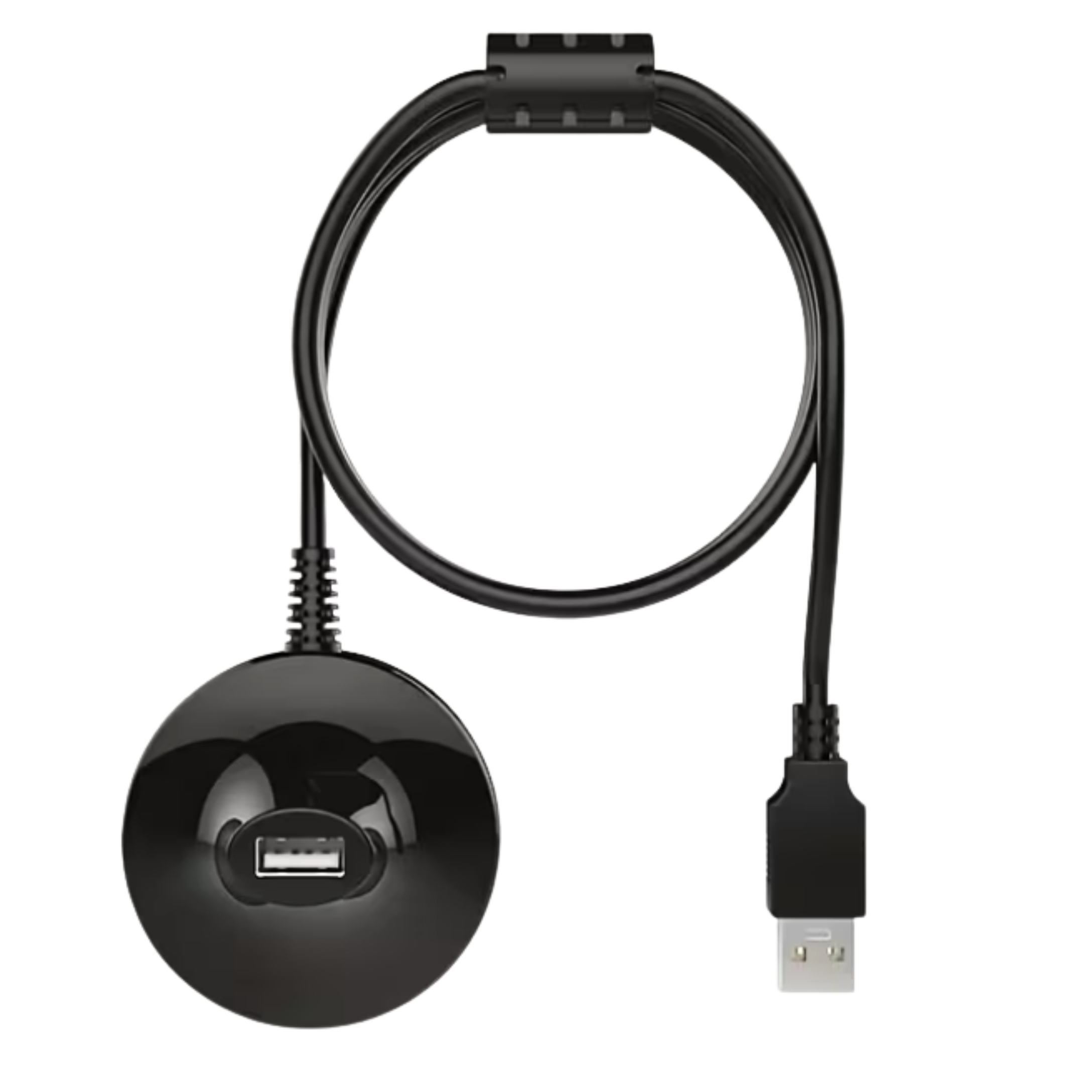 Schwarzer runder USB-Hub mit einem Kabel und einem Stecker.