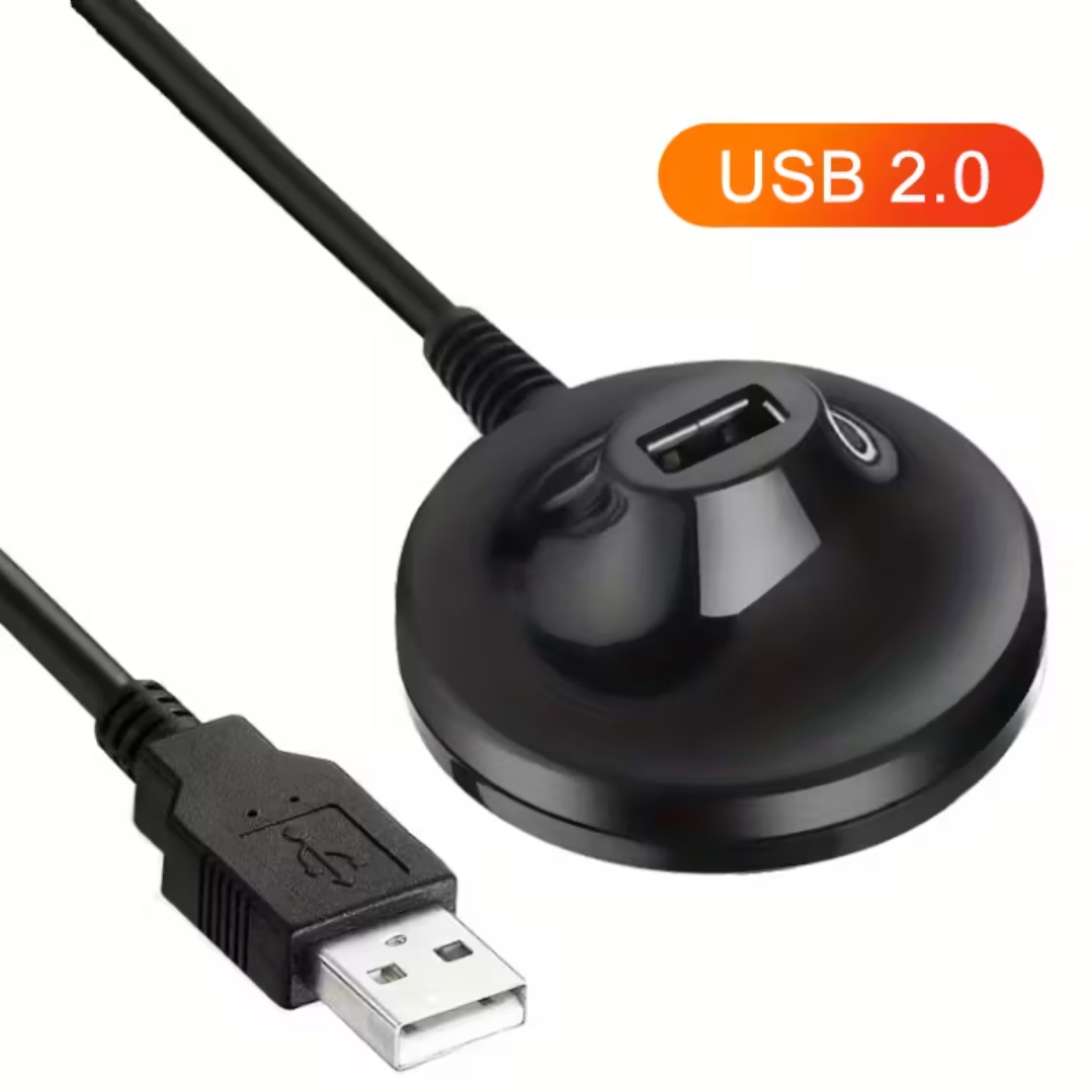 Schwarzer USB 2.0 Hub mit einem Stecker und einem runden Gehäuse.