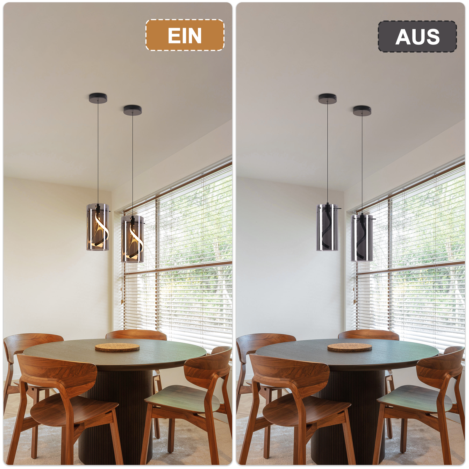 Mesa de comedor con dos lámparas colgantes modernas, una encendida, una apagada.