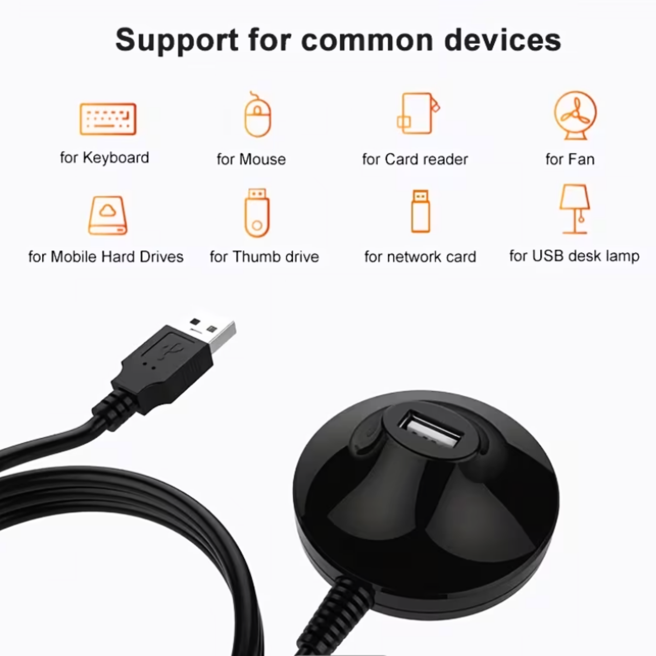 Ein schwarzer USB-Hub mit Kabel und Anschluss für verschiedene Geräte.