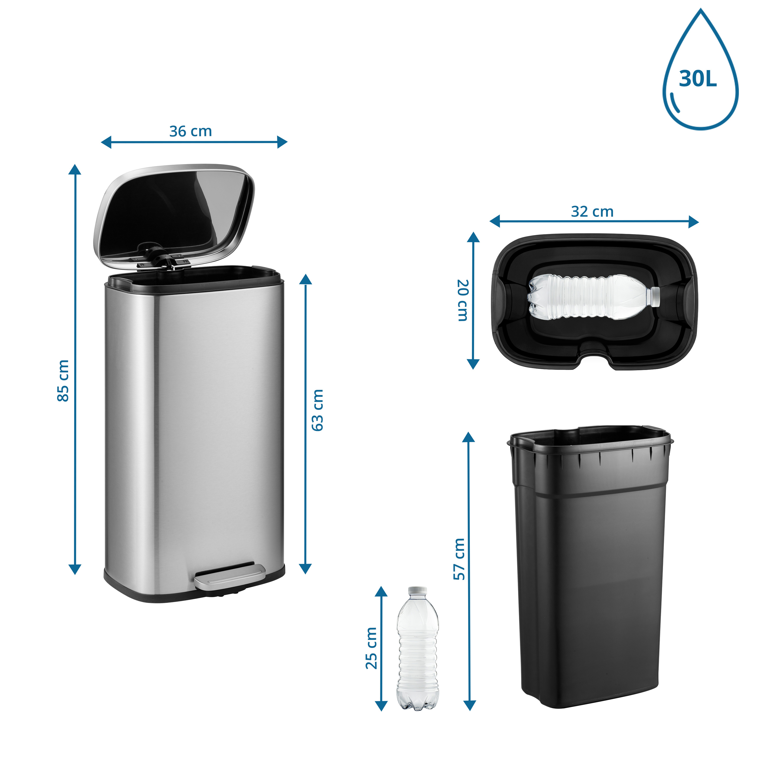 Edelstahl-Mülleimer mit Deckel, Maße und Wasserflasche als Größenvergleich.