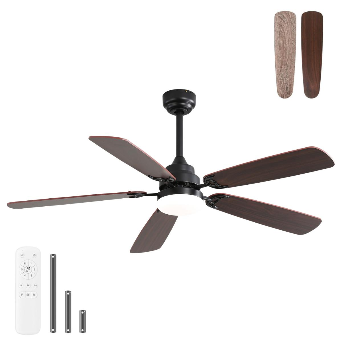 Ein schwarzer Deckenventilator mit fünf Holzblättern und einer Lampe.