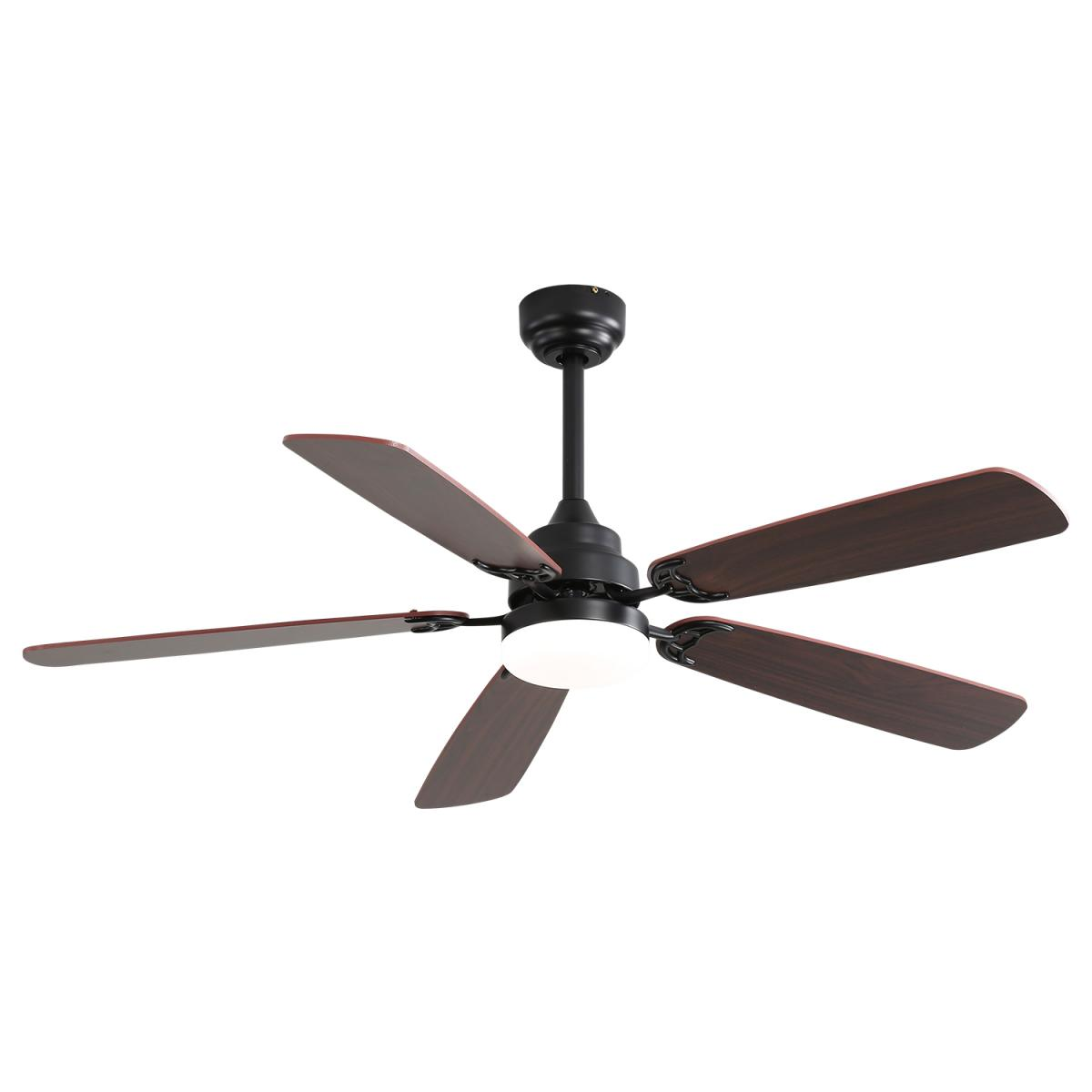 Schwarzer Deckenventilator mit fünf Holzflügeln und integriertem Licht.