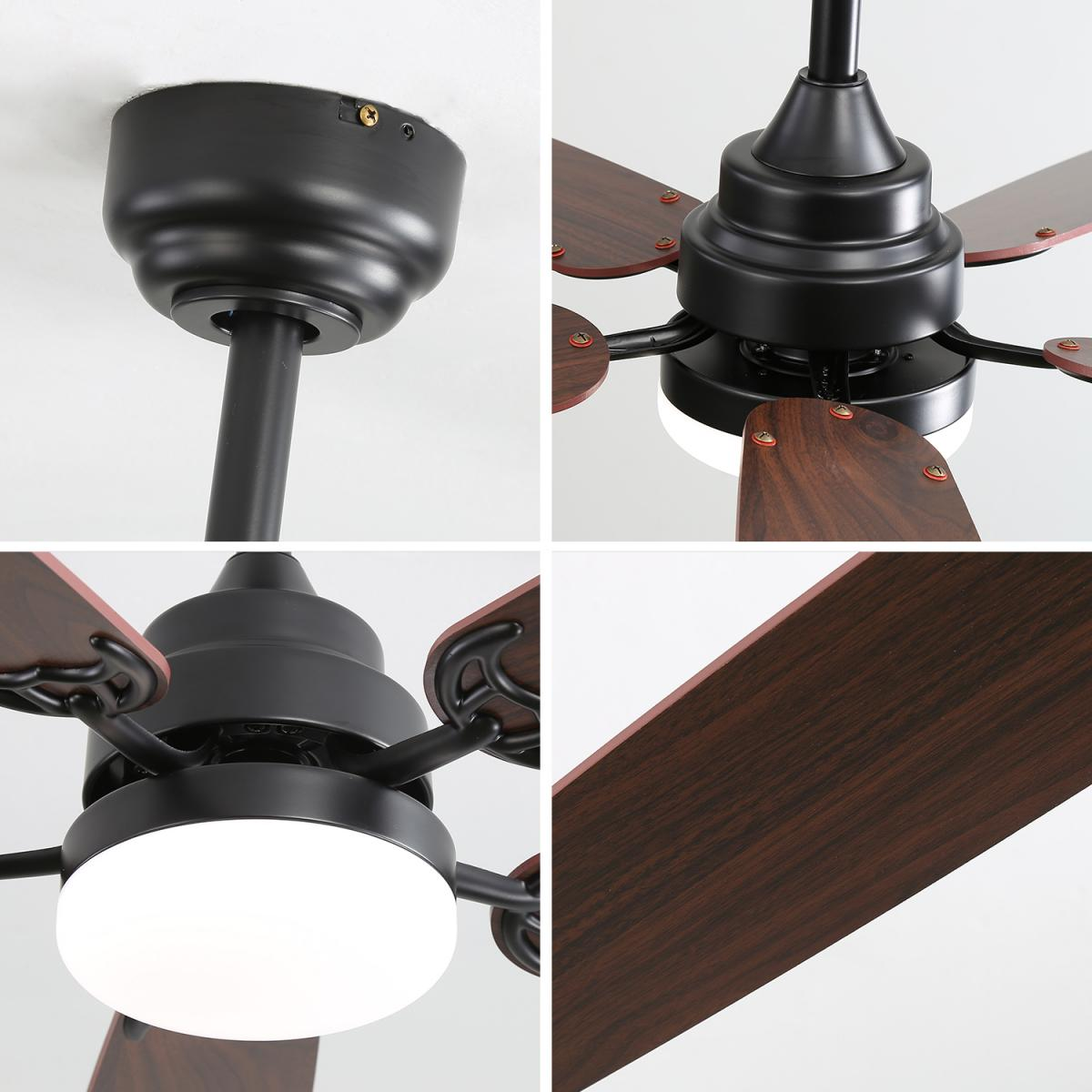 Detaillierte Ansicht eines schwarzen Deckenventilators mit Holzblättern und Licht.