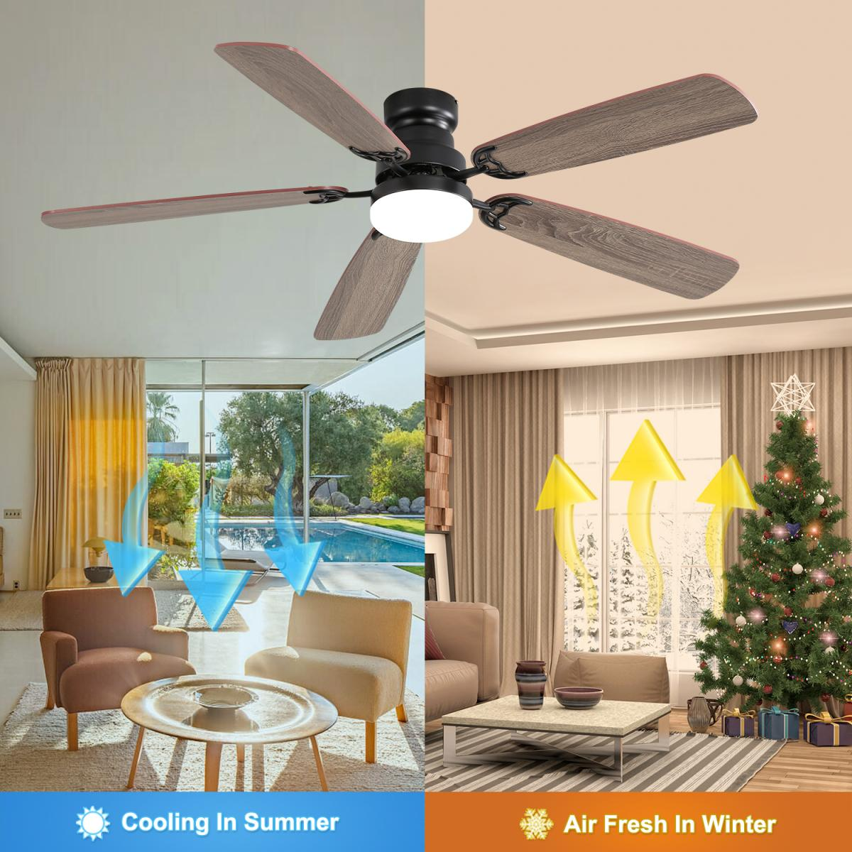 Deckenventilator in zwei Szenarien: Kühlung im Sommer und Luftzirkulation im Winter.