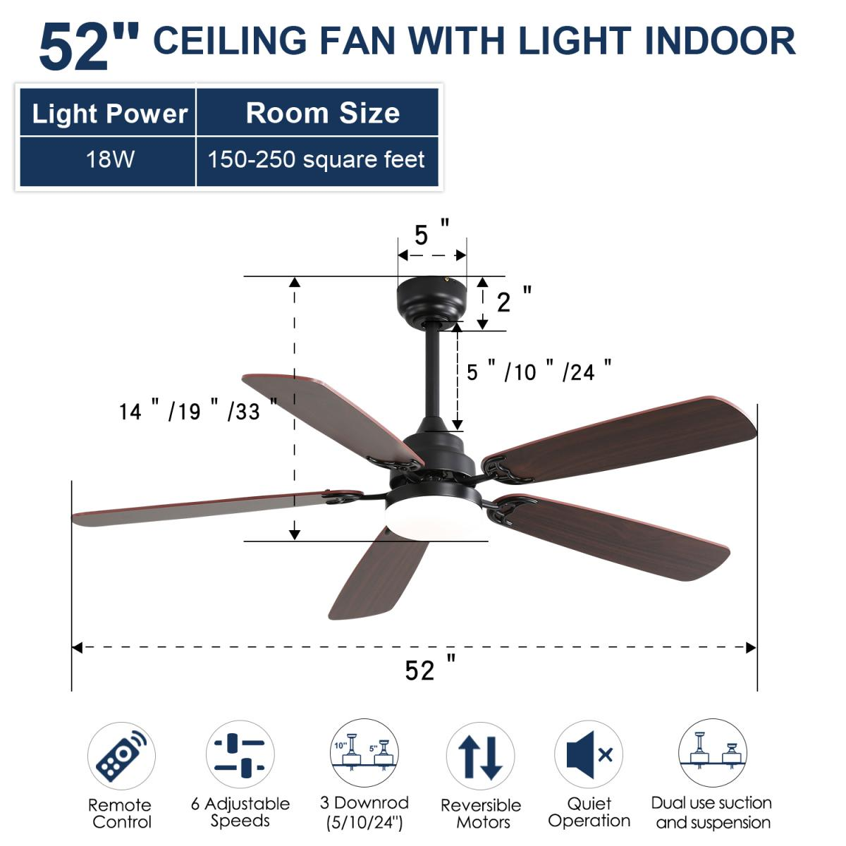 52-Zoll-Deckenventilator mit Licht, dunkelbraune Flügel, Maße angegeben.