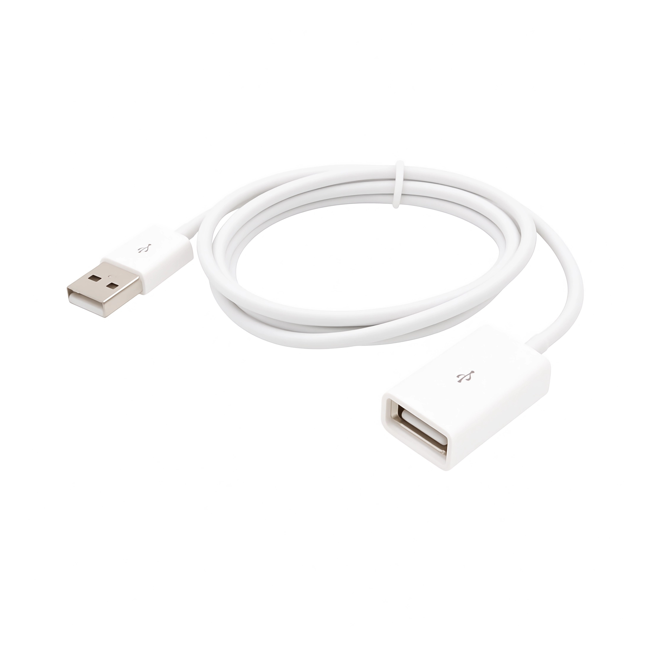 Ein weißes USB-Verlängerungskabel mit Stecker und Buchse.