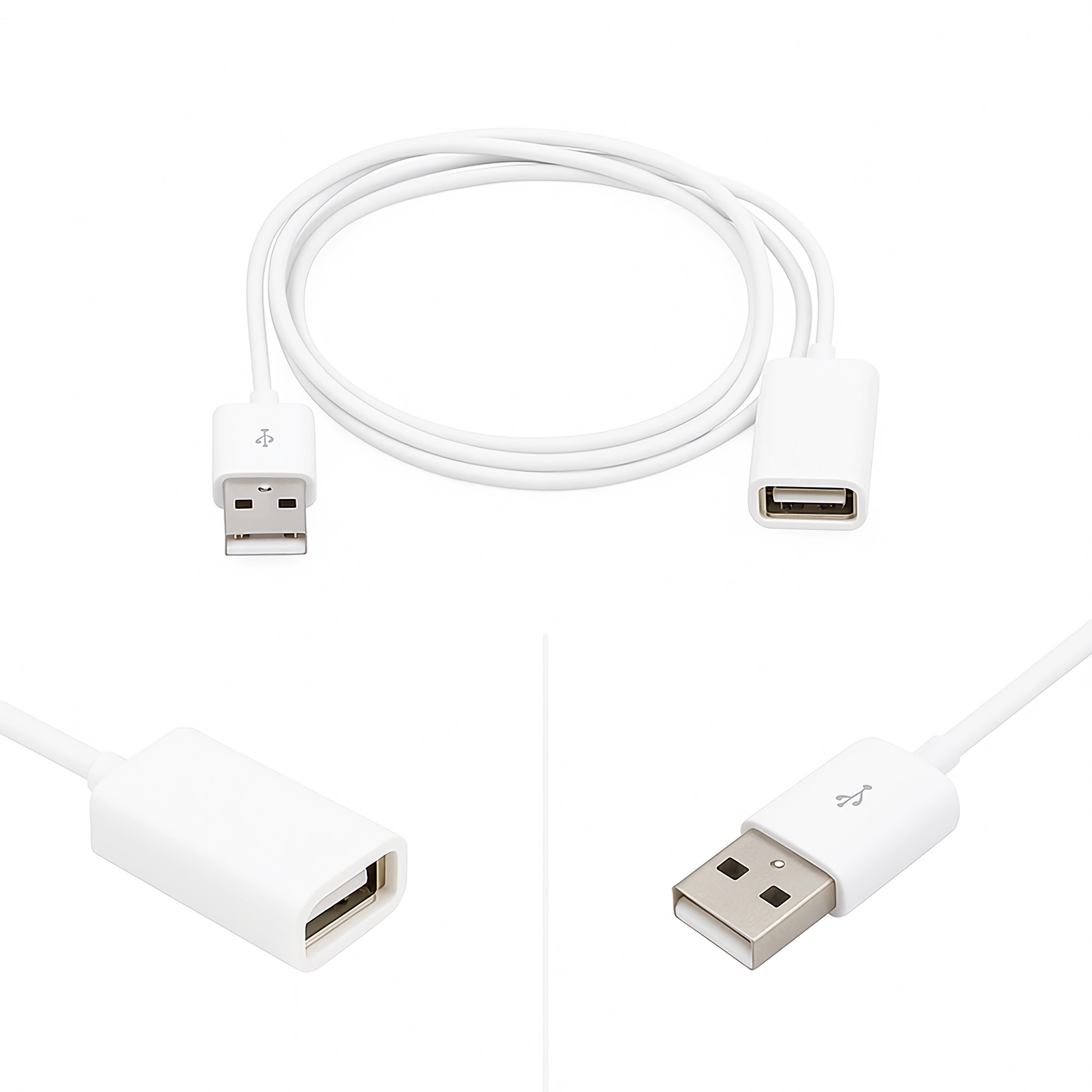 Ein weißes USB-Kabel mit einem Stecker und einer Buchse.