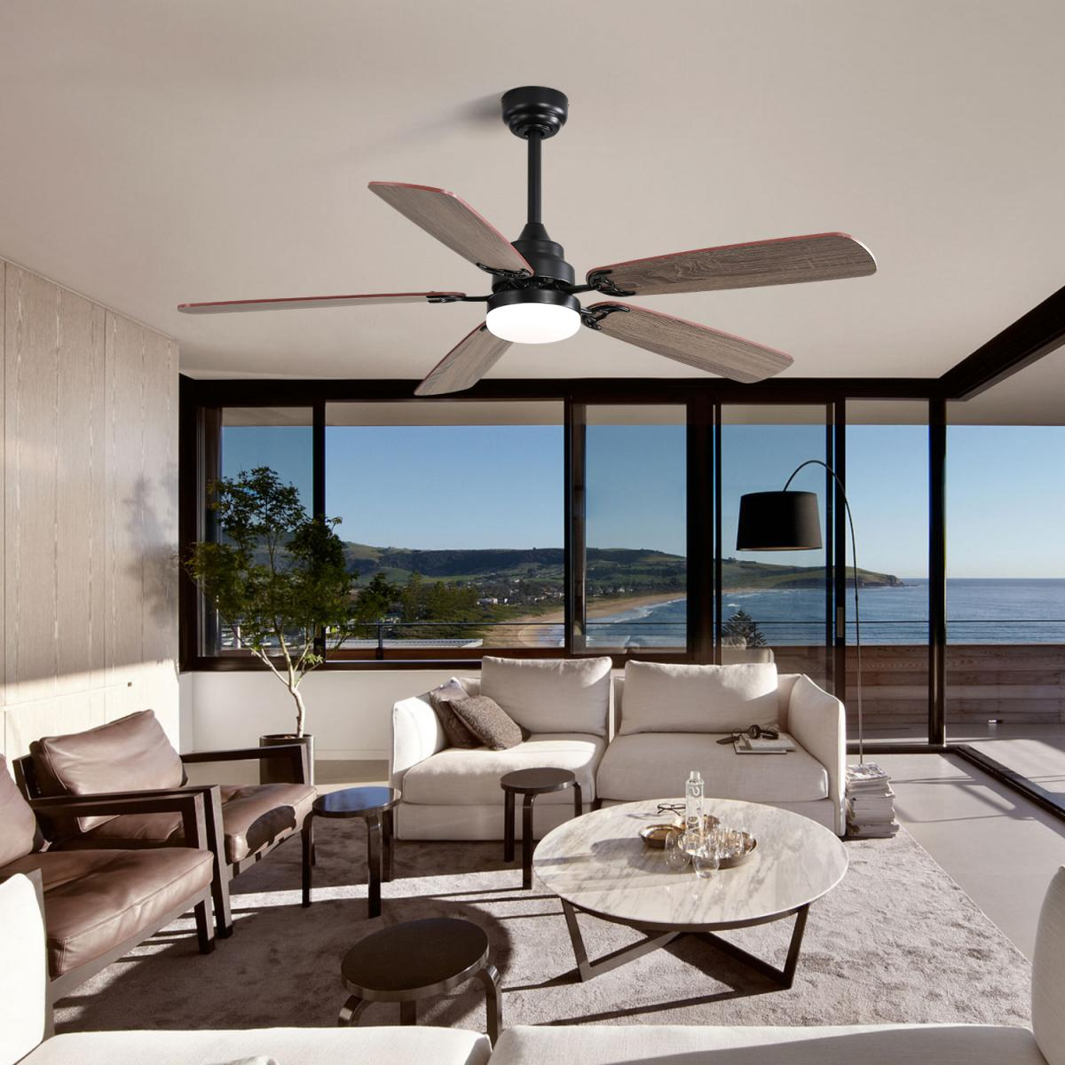 Ein Wohnzimmer mit Deckenventilator, Sofas und Meerblick.