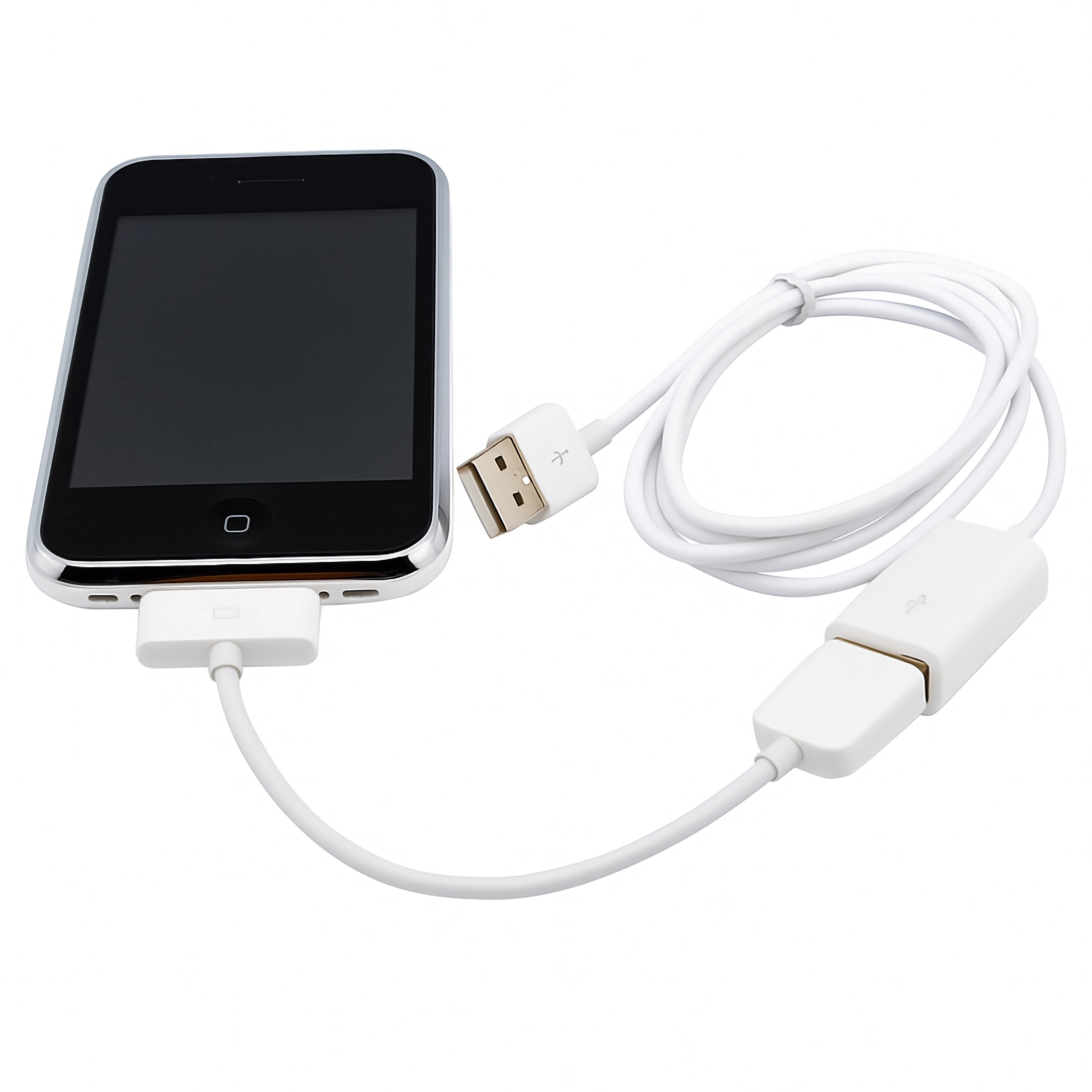 Ein weies Ladekabel ist mit einem Smartphone verbunden.