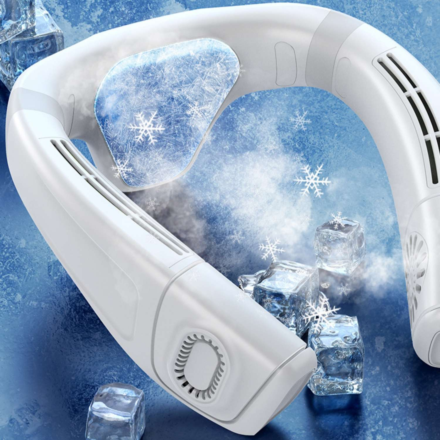 Ein weißer Nackenlüfter mit Eis und Schneeflocken auf blauem Hintergrund.