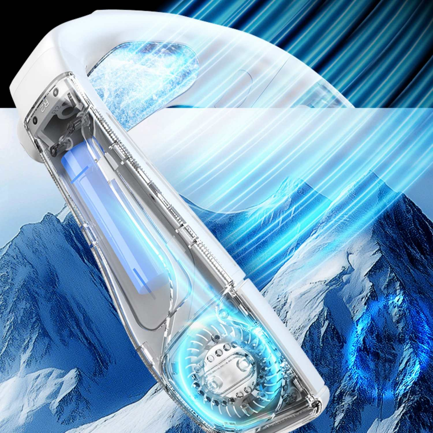 Ein transparenter Lüfter mit blauer Beleuchtung vor schneebedeckten Bergen.