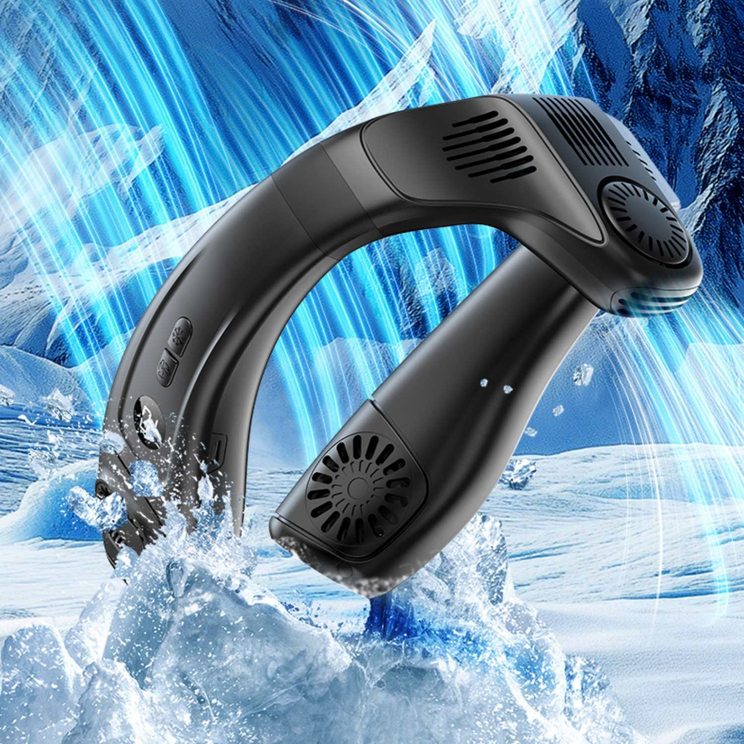 Schwarzer Nackenventilator auf Eis und Schnee mit blauen Kühleffekten.
