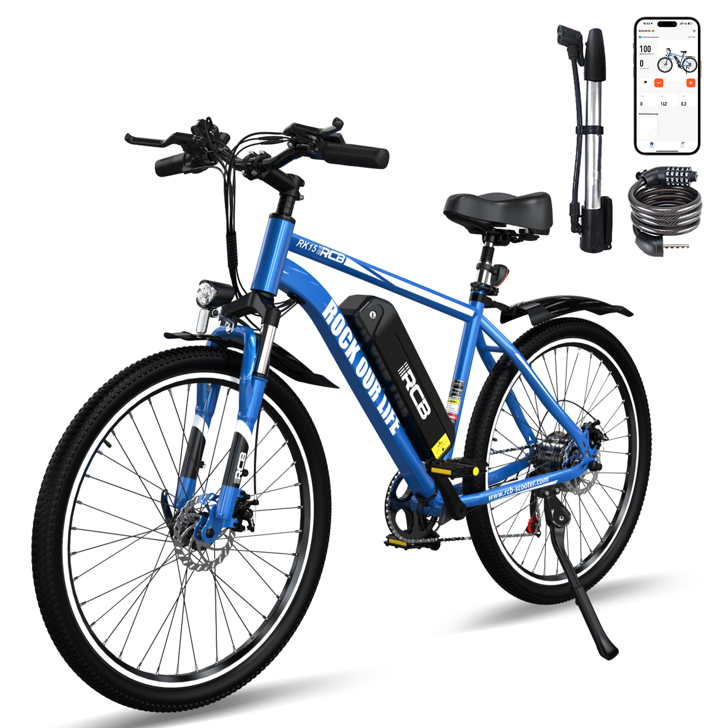 Blaues E-Bike mit schwarzem Akku, Pumpe, Schloss und Handy-App.