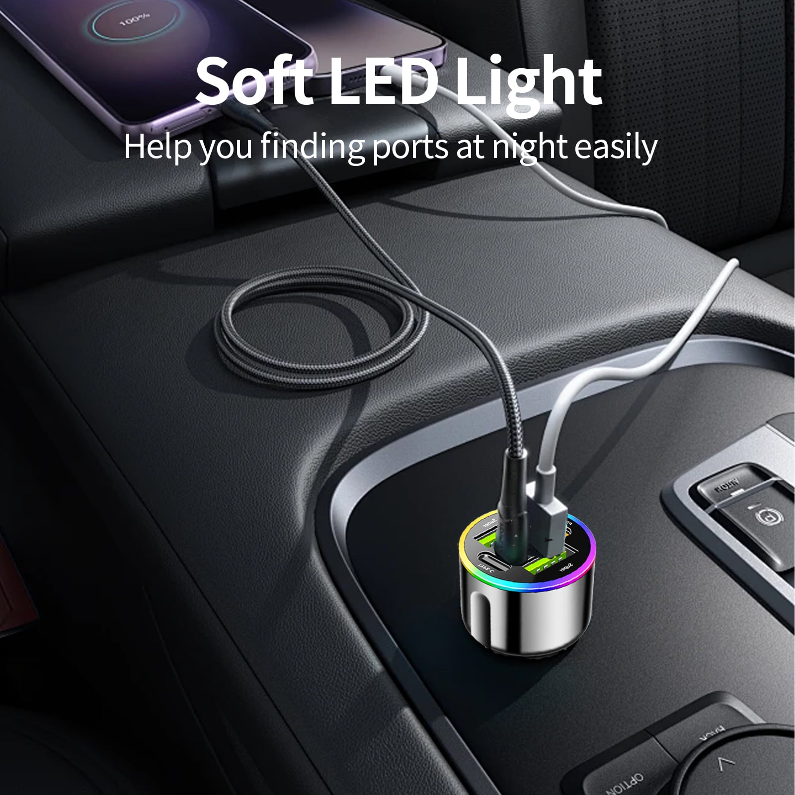 Ein silberner Auto-USB-Adapter mit bunten LEDs, der zwei Telefone lädt.