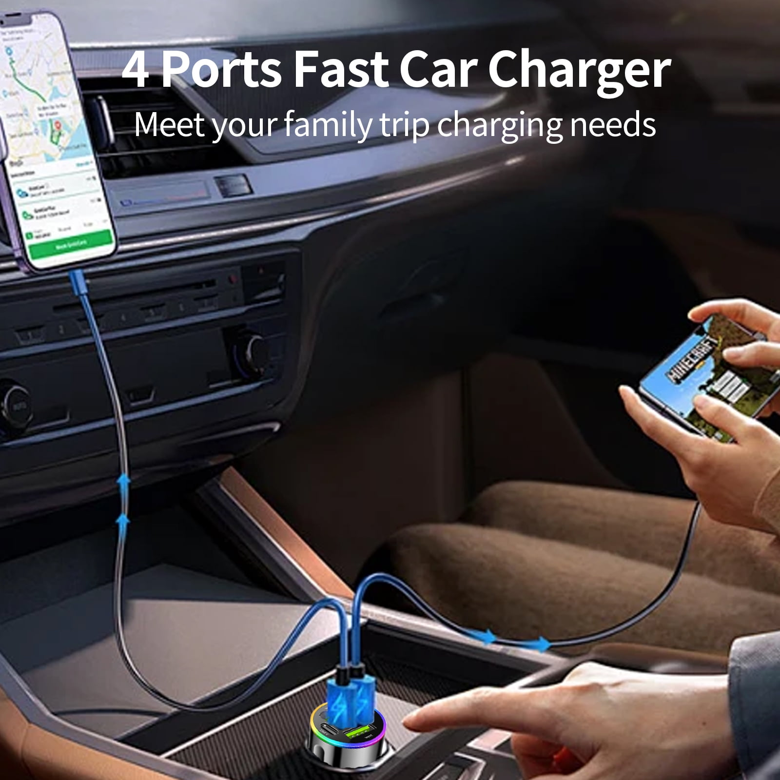 Ein 4-Port-Autoladegerät mit angeschlossenen Smartphones im Auto, Vorderansicht.