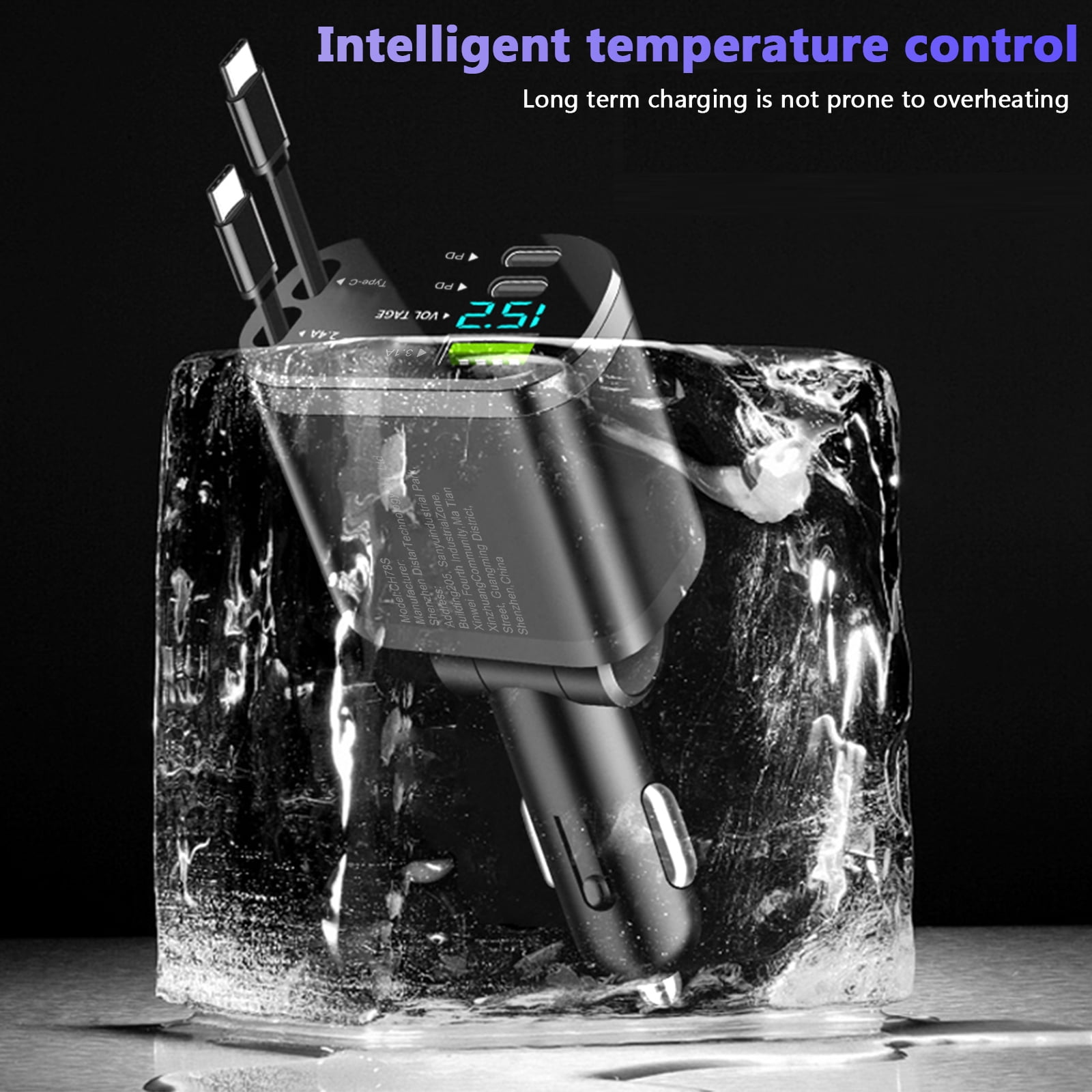 Ein schwarzes Ladegerät mit Kabeln in Eis, zeigt eine digitale Anzeige von 2,51 Volt.