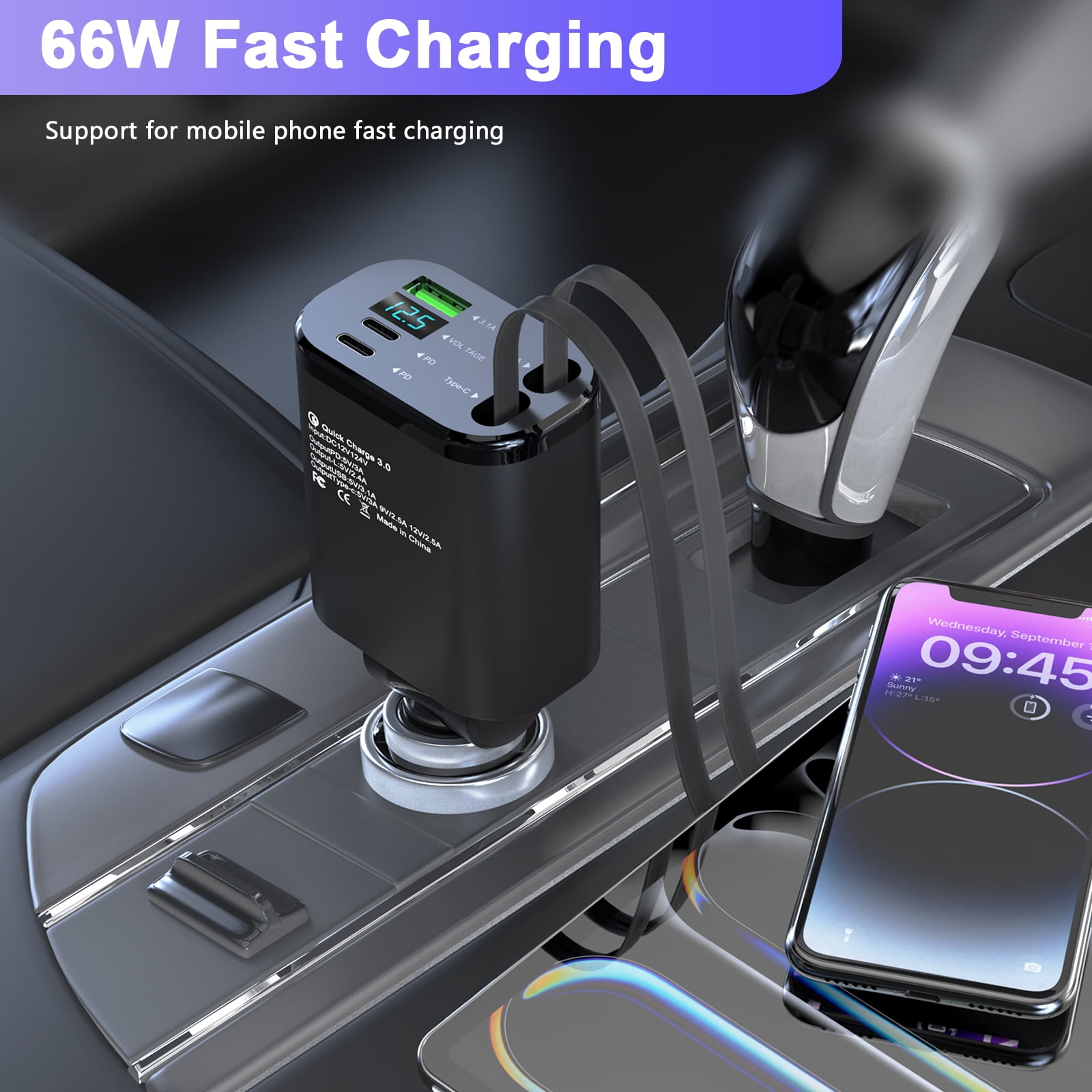Ein schwarzer 66W Schnellladegerät in einem Auto mit einem iPhone.