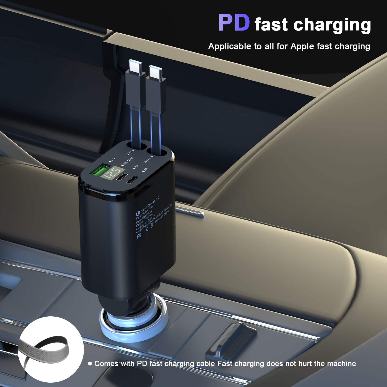 Schwarzer KFZ-Ladegerät mit zwei USB-C-Kabeln und Anzeige.