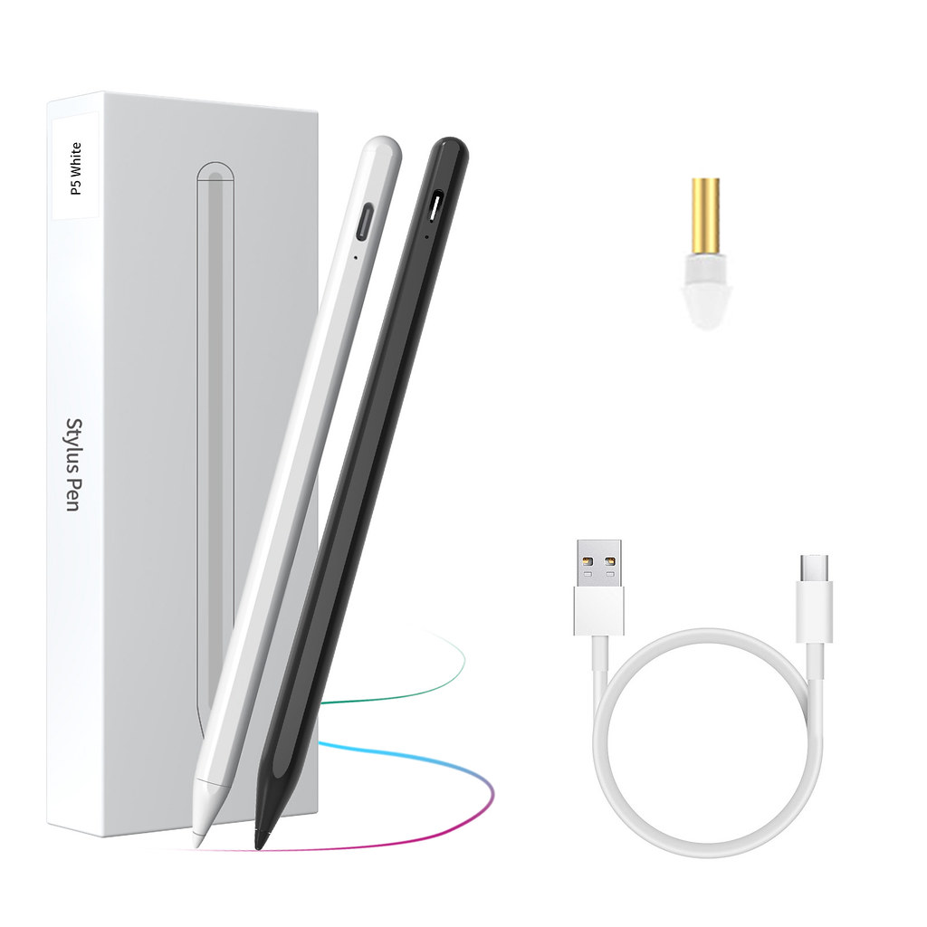Zwei Stifte, ein Ladekabel und eine Spitze auf weißem Hintergrund.