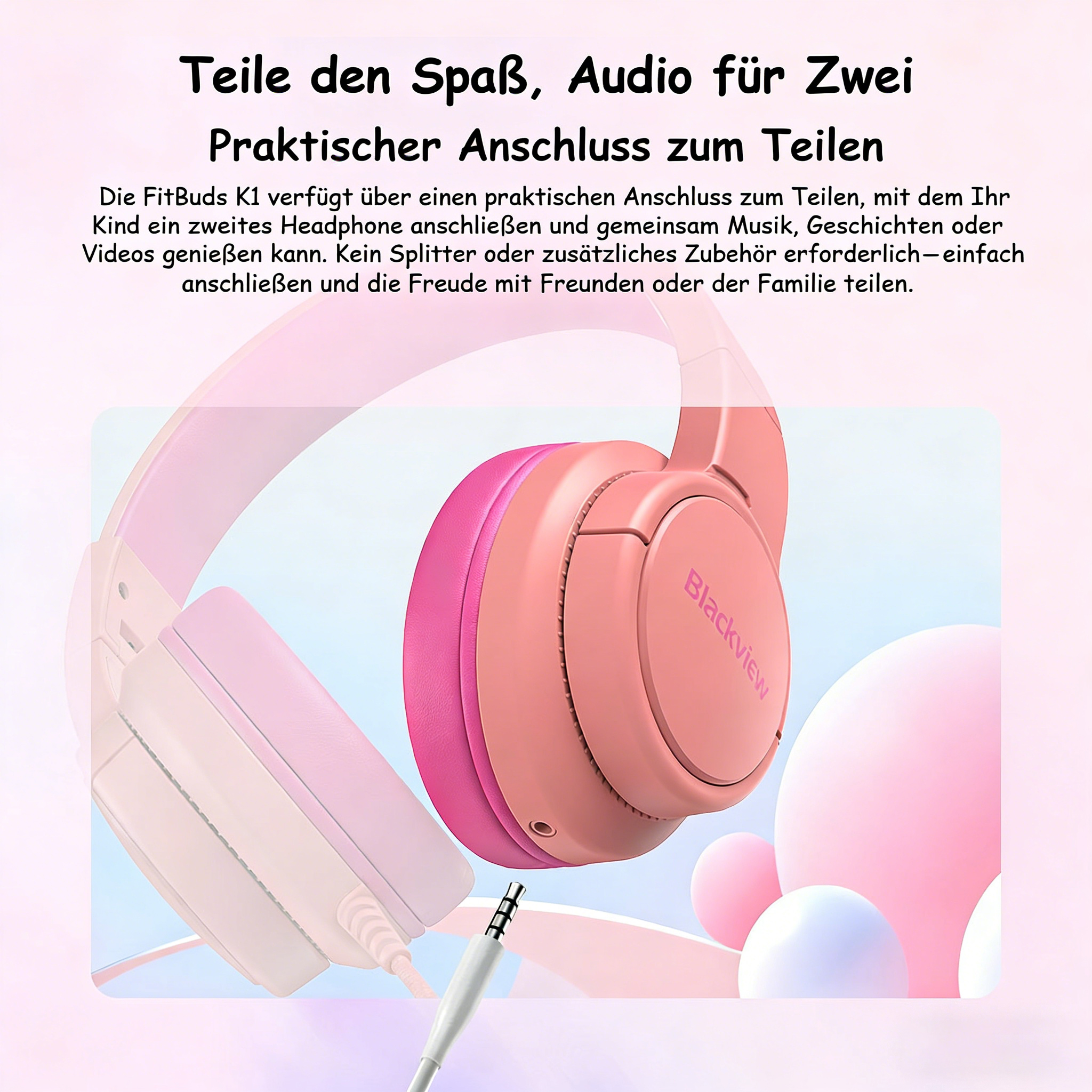 Zwei rosa Kopfhörer mit Kabel und Stecker, Text über das Teilen von Audio.