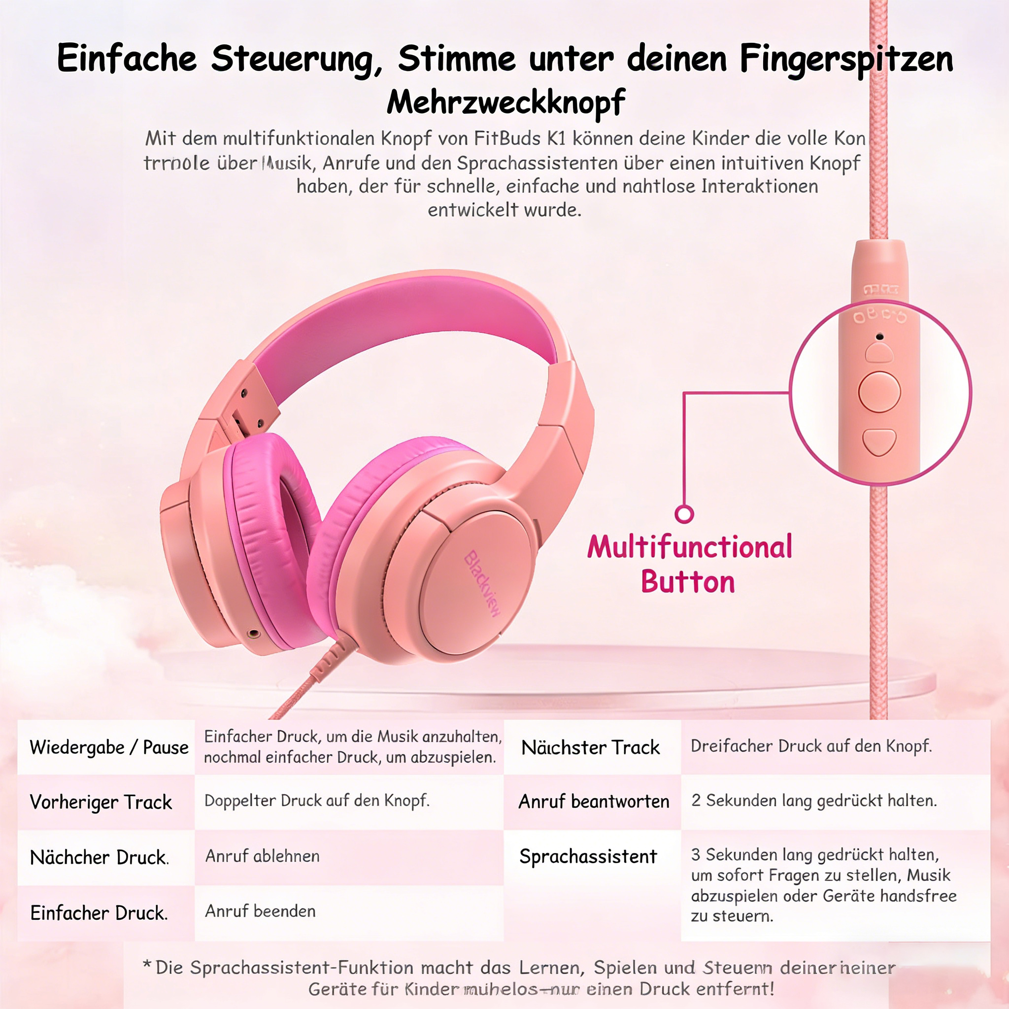 Pinke Kopfhörer mit Bedienungsanleitung für den Multifunktionsknopf.