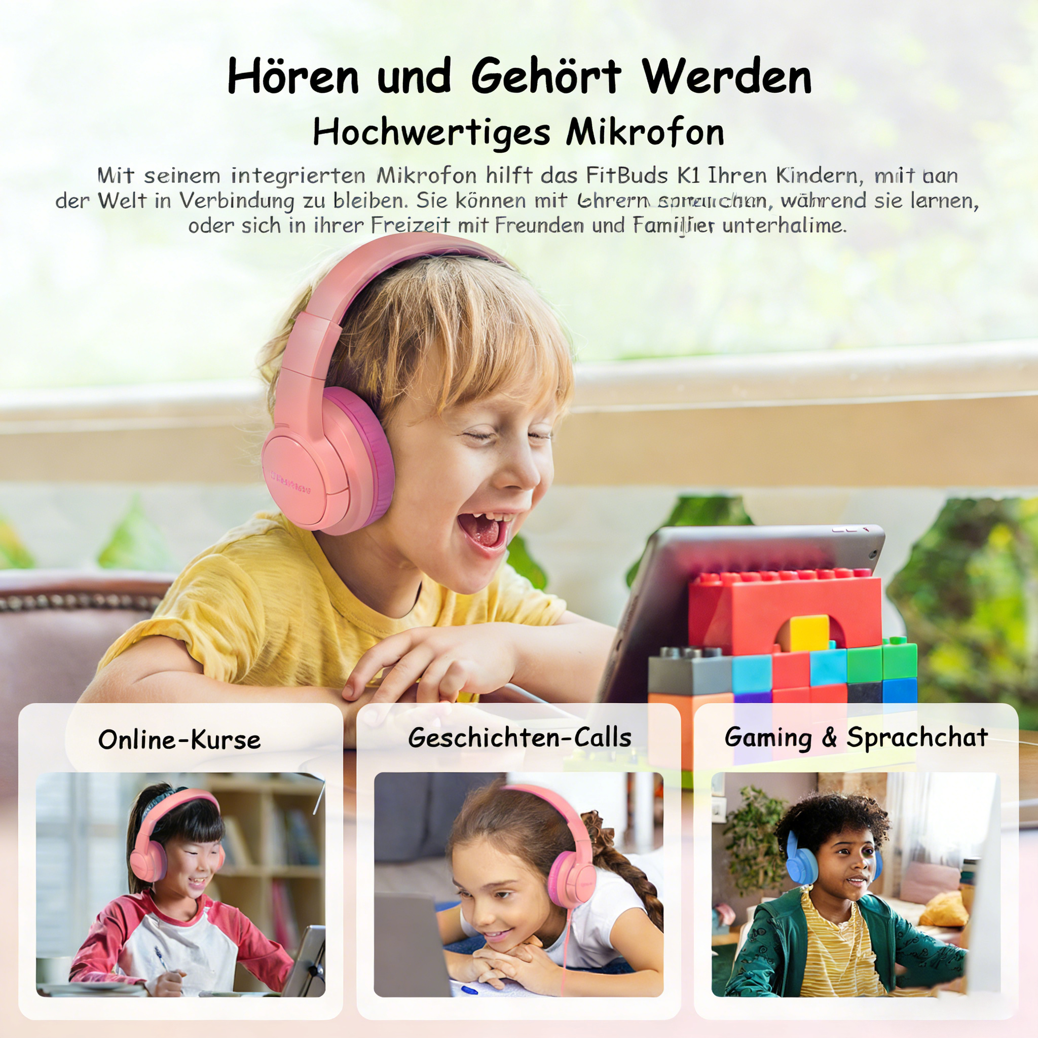 Ein Kind mit rosa Kopfhörern lacht vor einem Tablet, umgeben von Bausteinen.