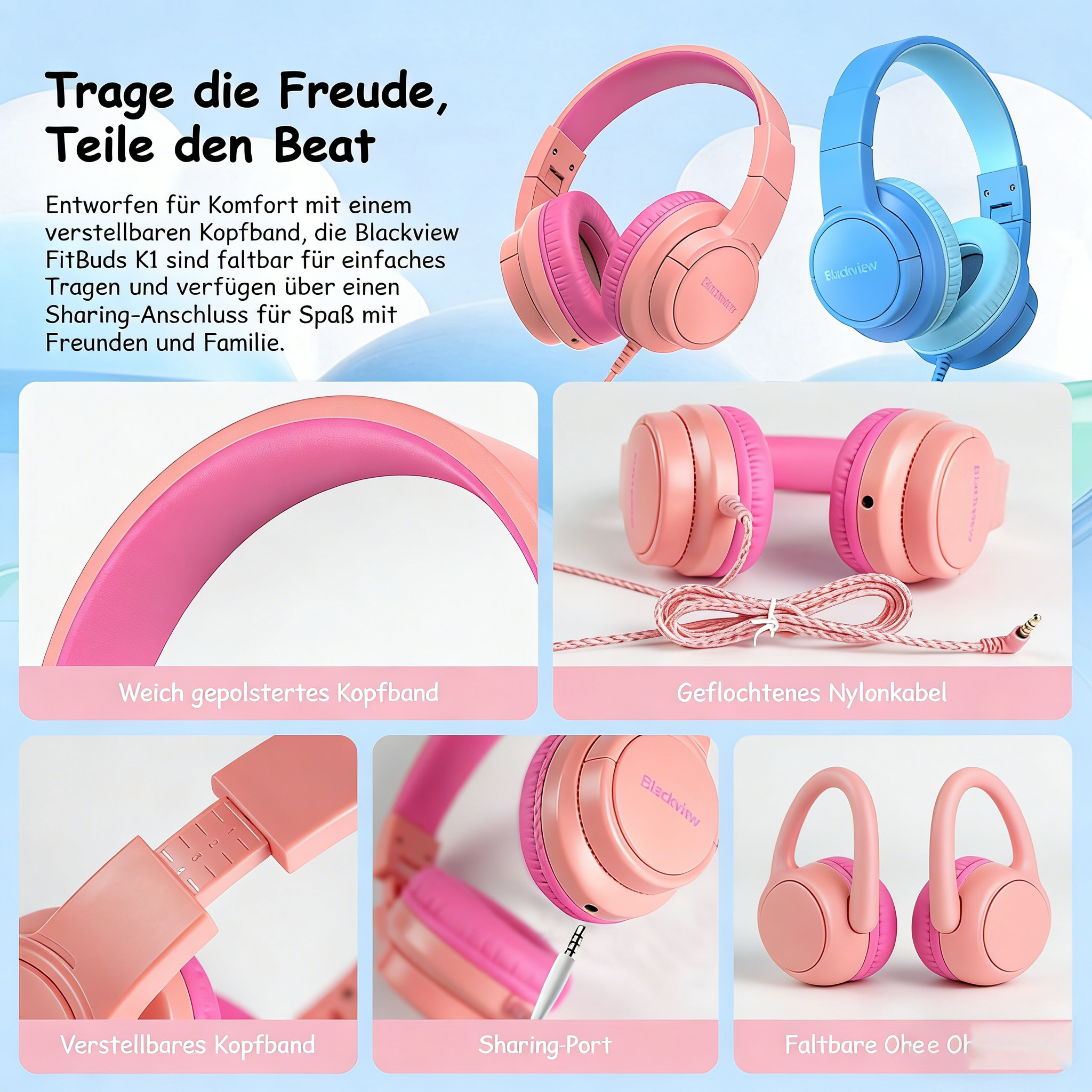 Zwei Blackview Kopfhörer: ein blauer und ein pinker.