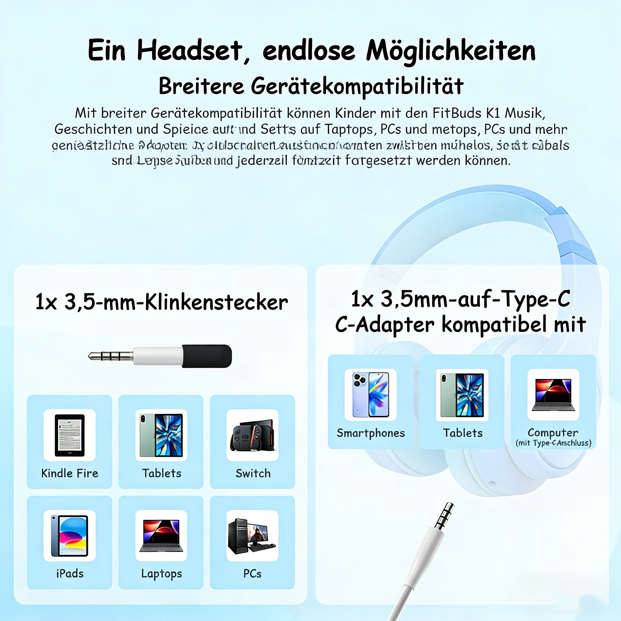 Ein Headset mit breiter Gerätekompatibilität, 3,5-mm-Klinkenstecker und Type-C-Adapter.