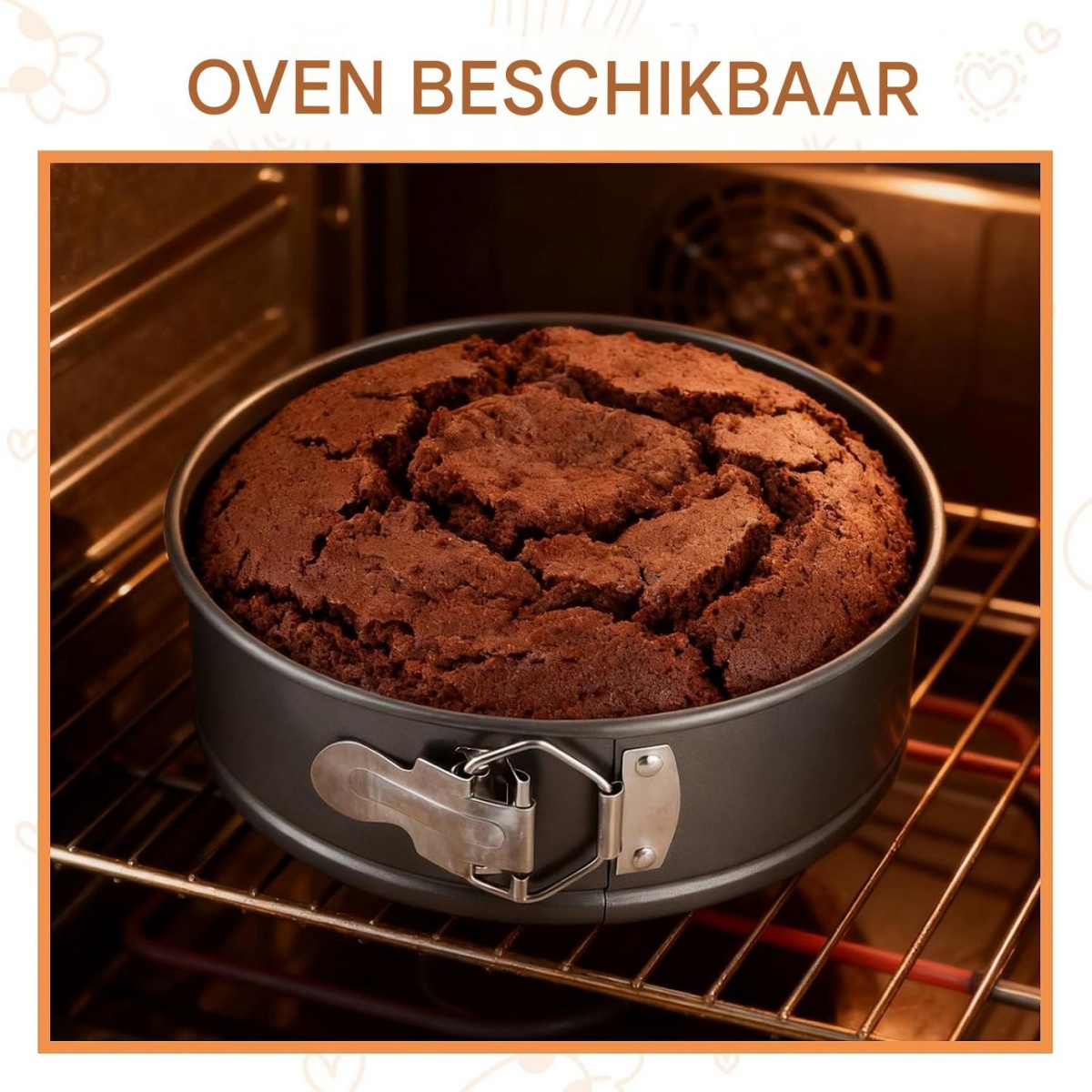 Ein Schokoladenkuchen bäckt in einer runden Form in einem Ofen.