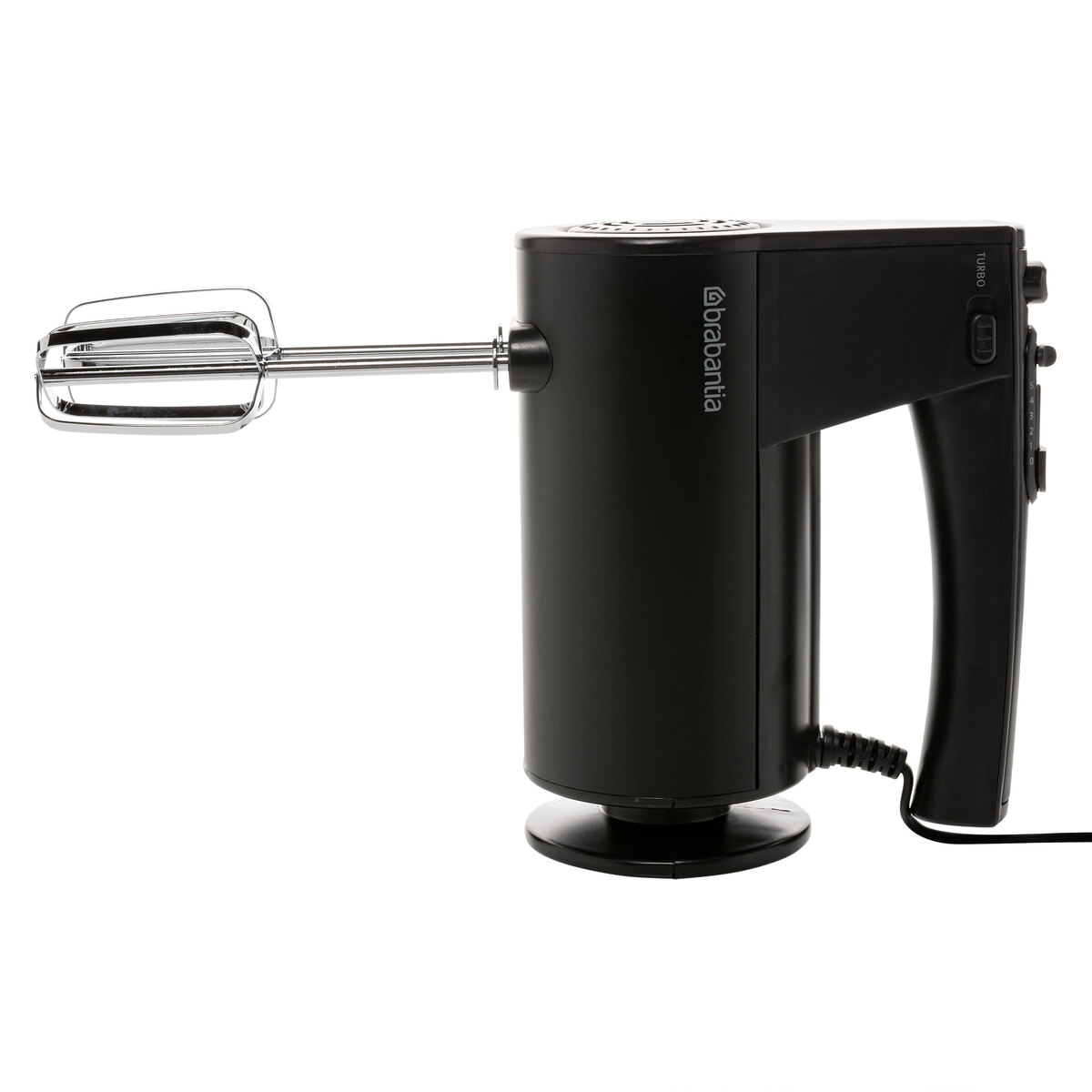 A black hand mixer with chrome beaters and a cord on a white background.