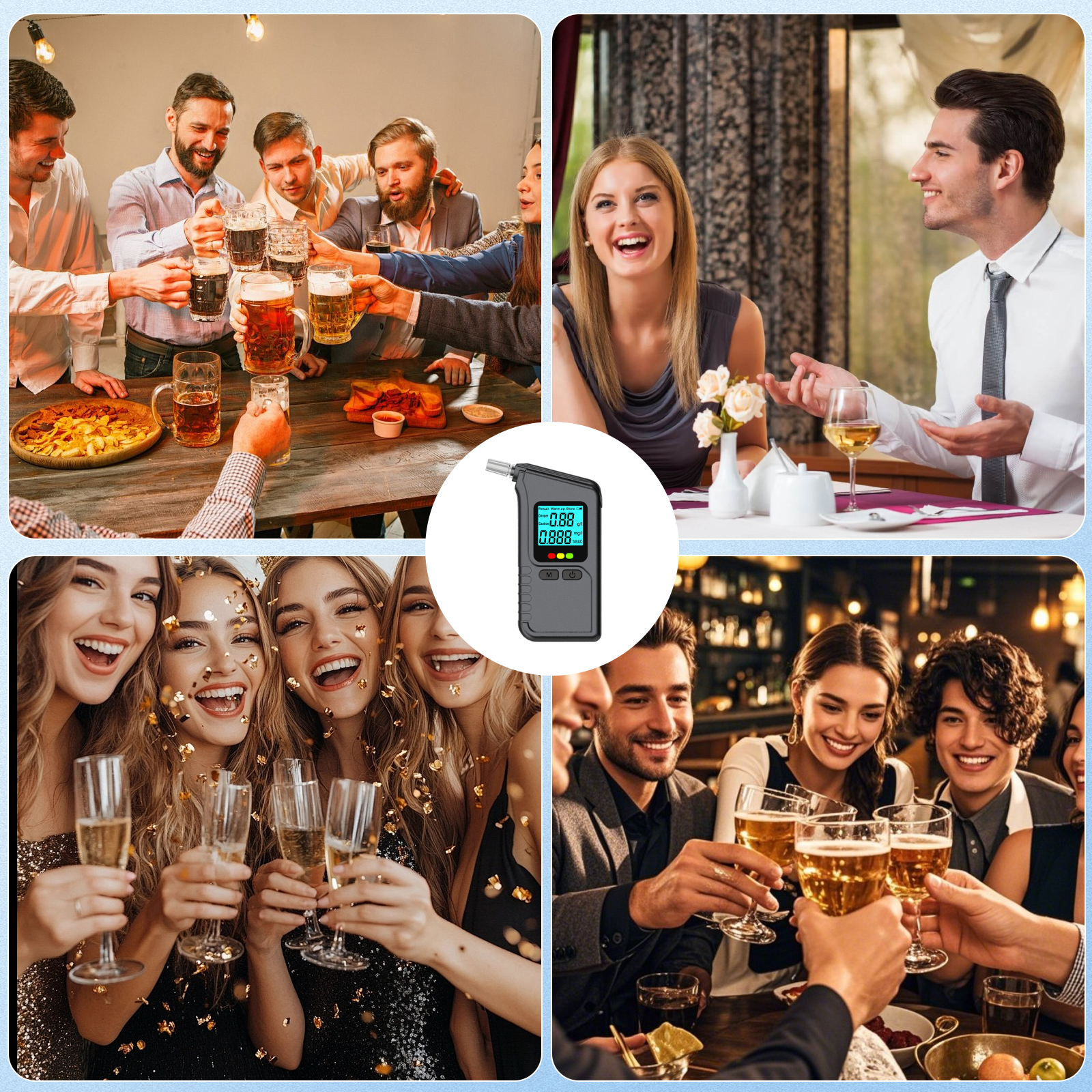 Vier Szenen: Freunde stoßen an mit Bier und Sekt, ein Paar isst, ein Alkoholtester.