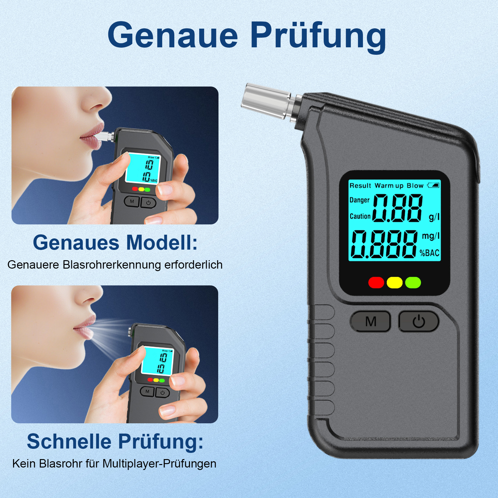 Person bläst in Alkoholtester. Digitalanzeige zeigt Werte. Naheinstellung Nahaufnahme.