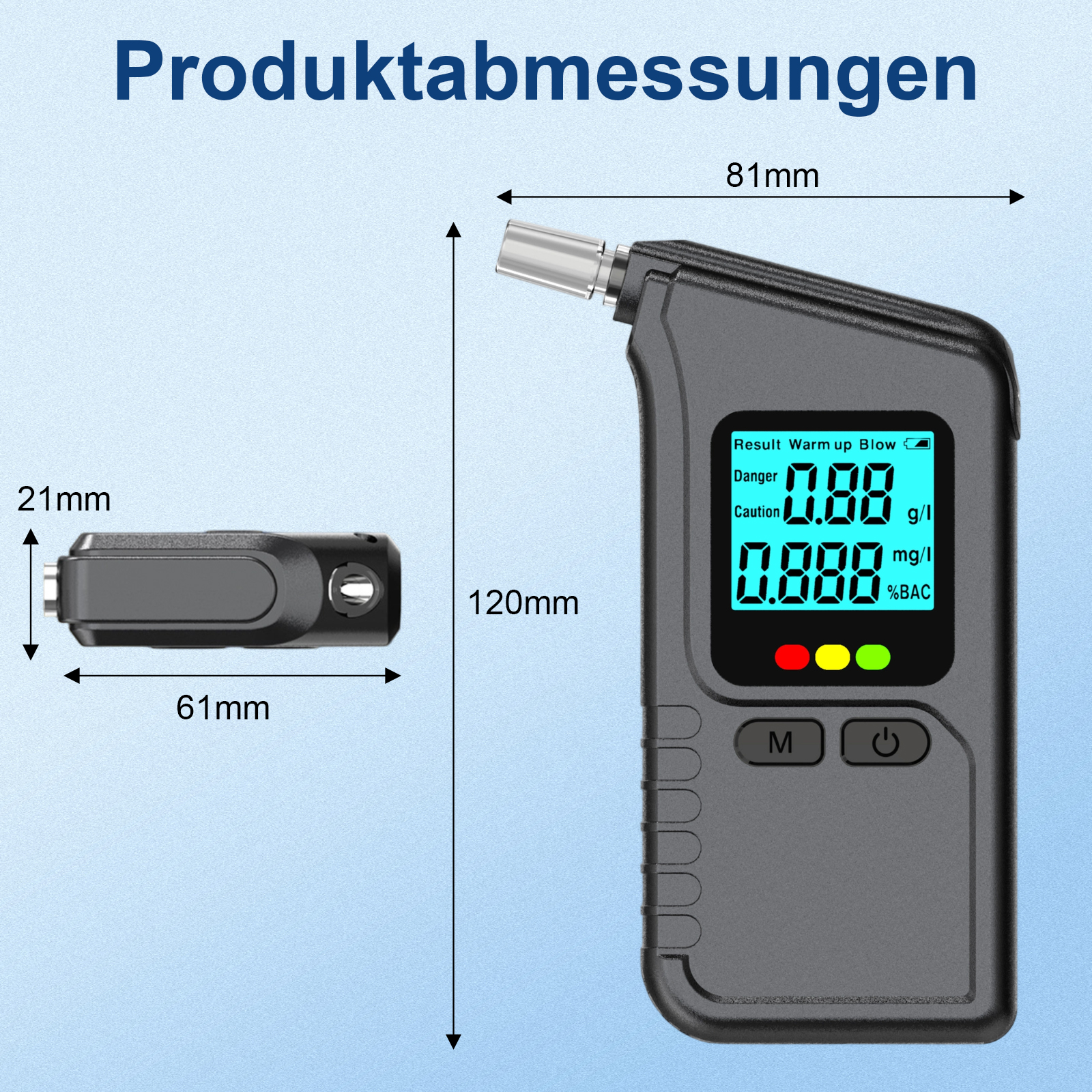 Ein Alkoholtester mit digitalen Messwerten und Abmessungen.