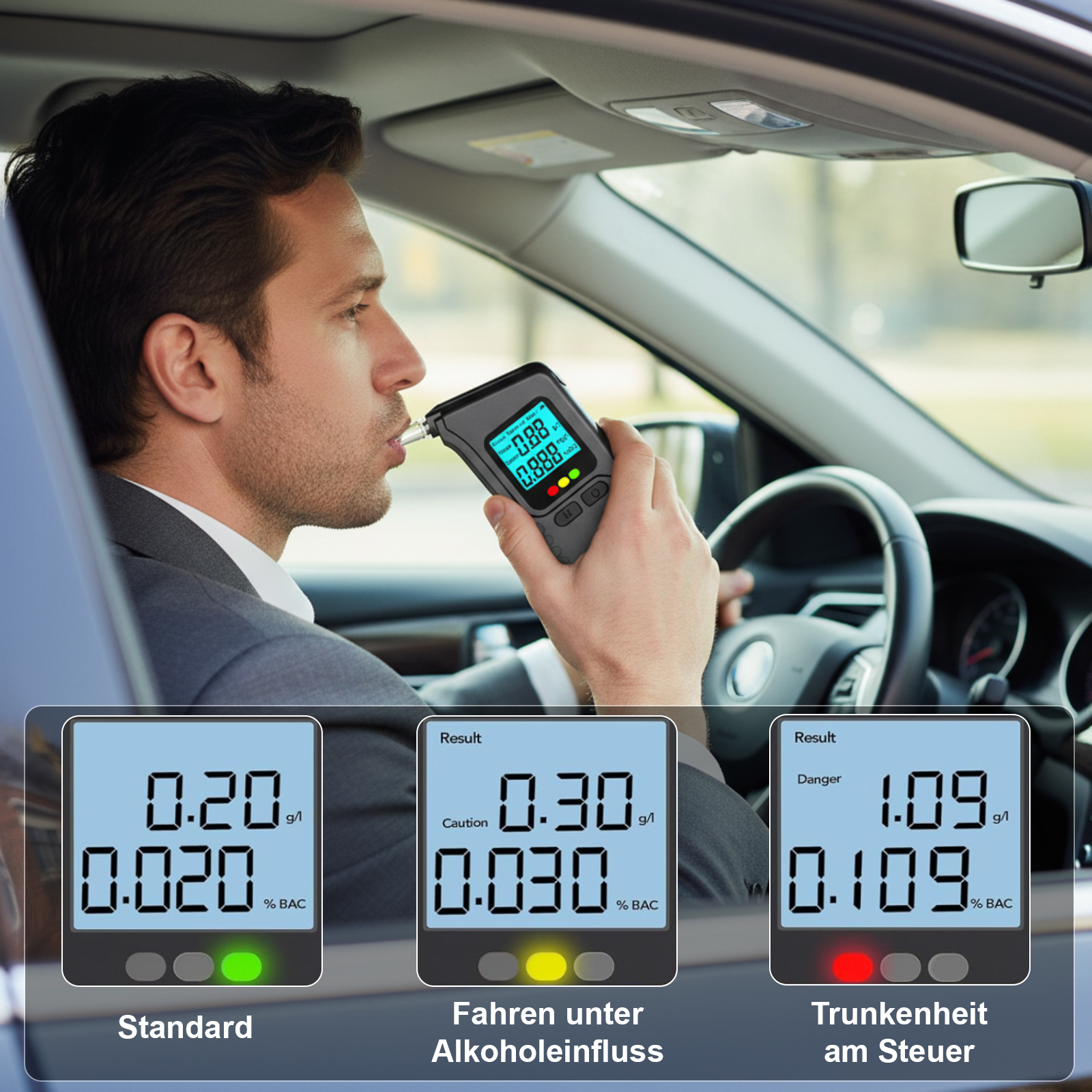 Mann im Auto bläst in Alkoholtester mit Ergebnissen 0.20, 0.30, 1.09 g/l.